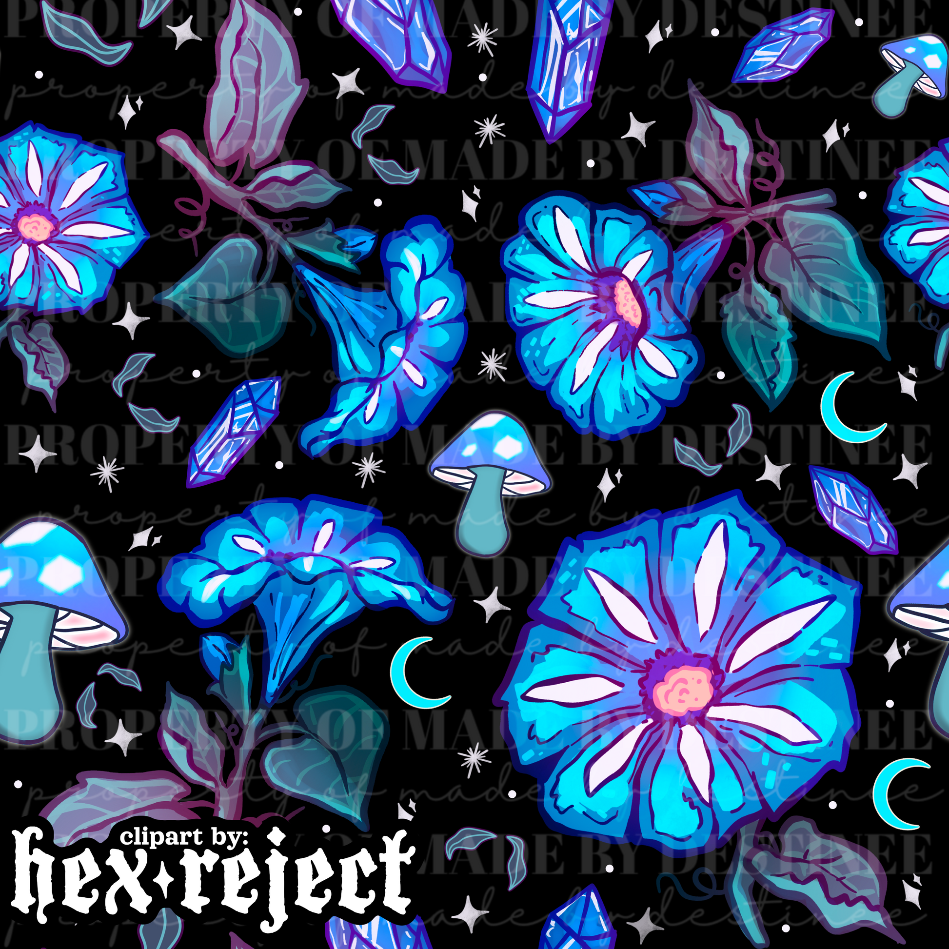 Mystic Blue Flowers & Crystals Seamless Pattern | Digital Moon & Mushroom Galaxy Design