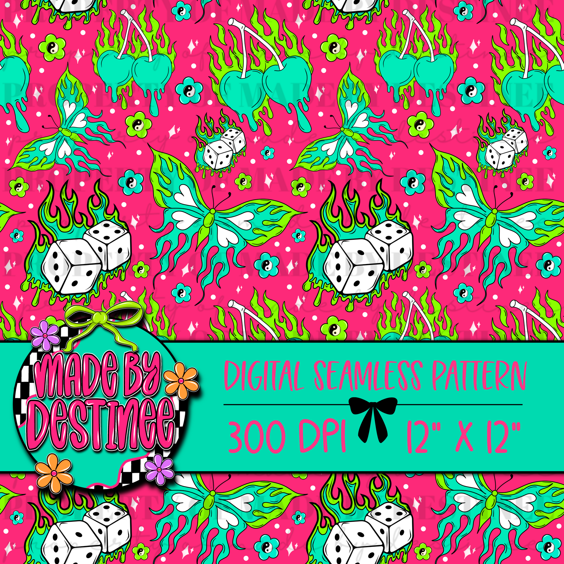 Flaming Dice, Cherries & Butterfly Seamless Pattern – Digital Download, 12x12”, 300 DPI