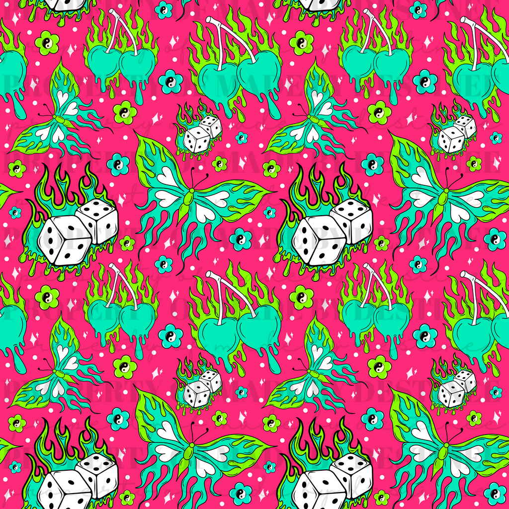 Flaming Dice, Cherries & Butterfly Seamless Pattern – Digital Download, 12x12”, 300 DPI