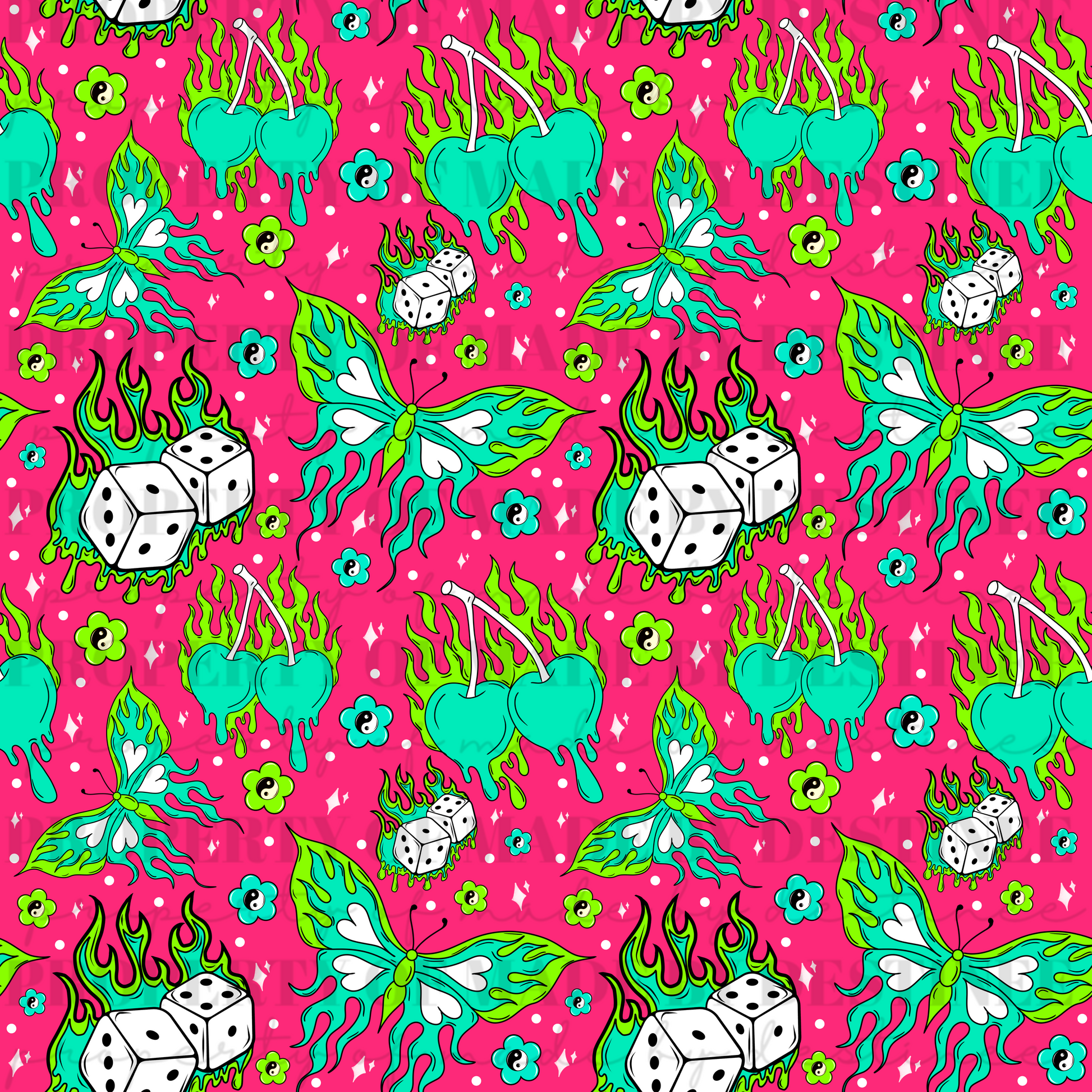Flaming Dice, Cherries & Butterfly Seamless Pattern – Digital Download, 12x12”, 300 DPI