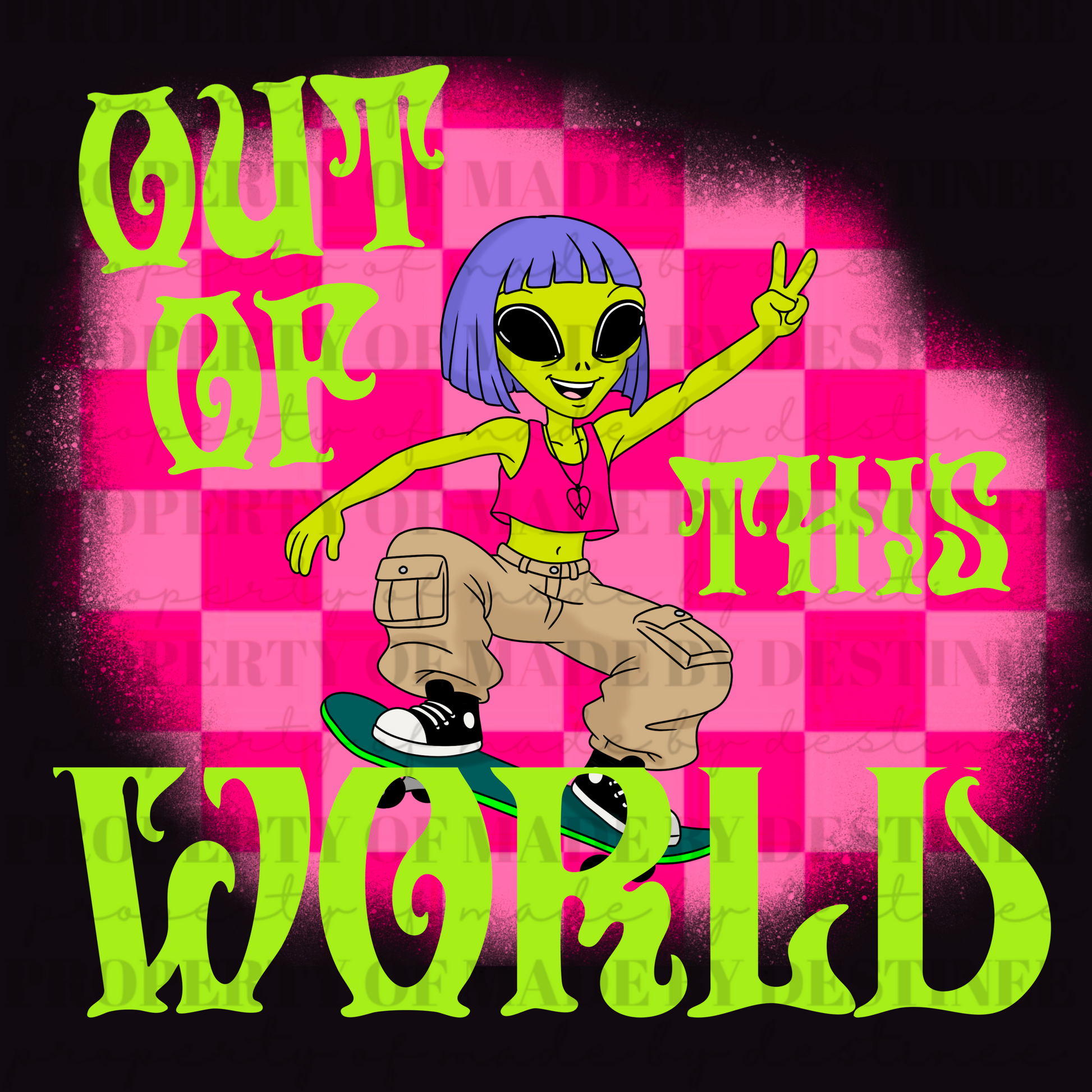 Out of This World Alien Skater Digital Design | Neon Green Alien Girl Skateboarding PNG