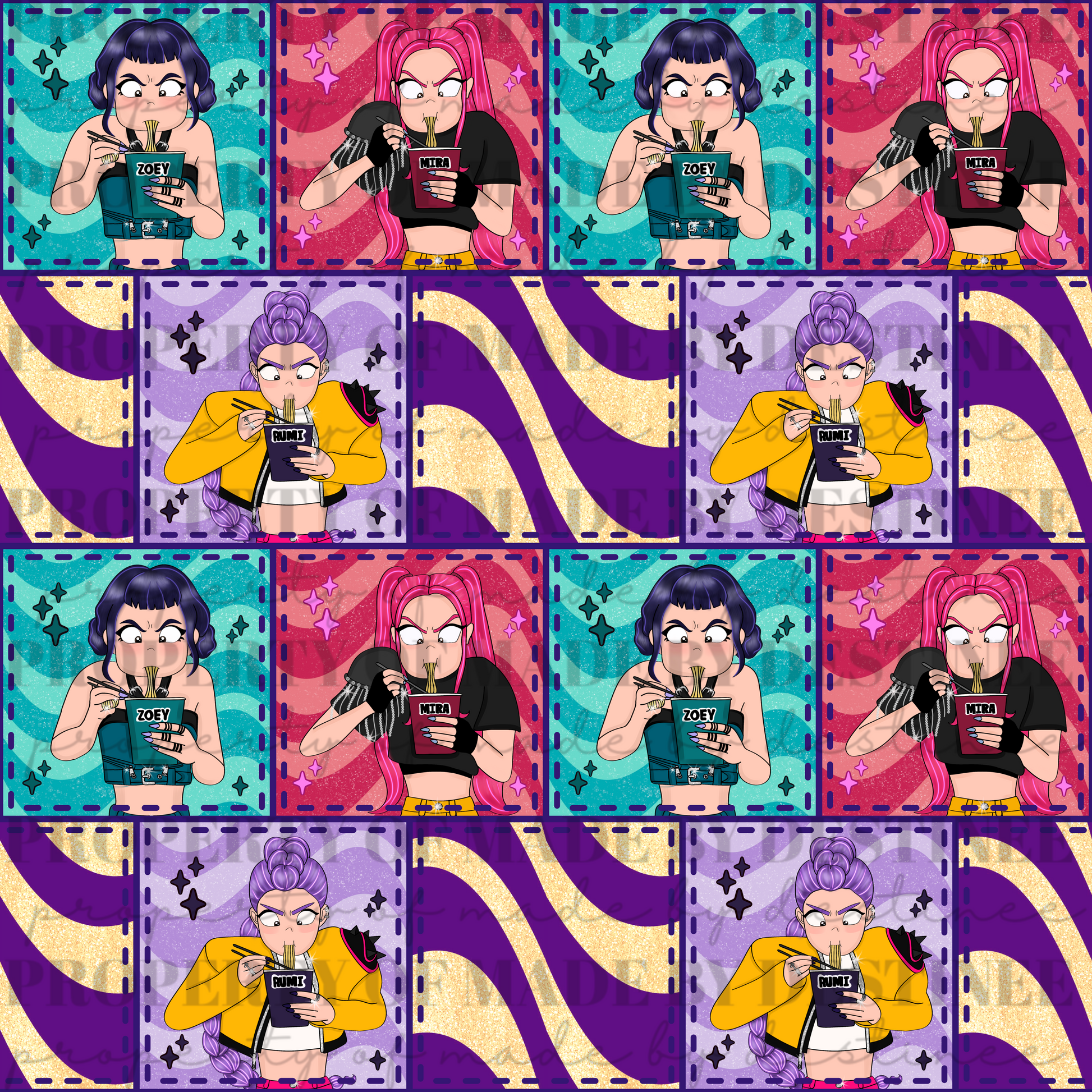 HUNTRX Ramen Girls Seamless Pattern | Edgy Anime PNG | Digital Download KPDH | Kpop demon hunters