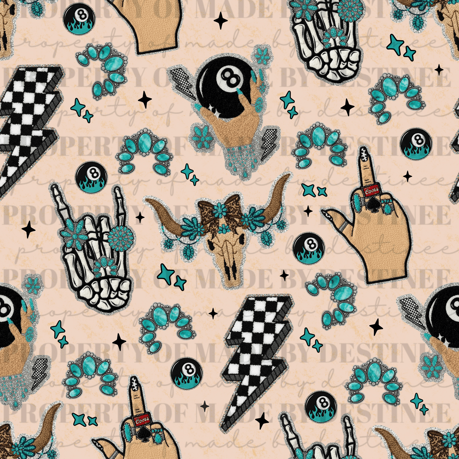 Turquoise Western Rock & Roll Seamless | Cow Skull • Lightning Bolt • 8 Ball • Checker Print Pattern