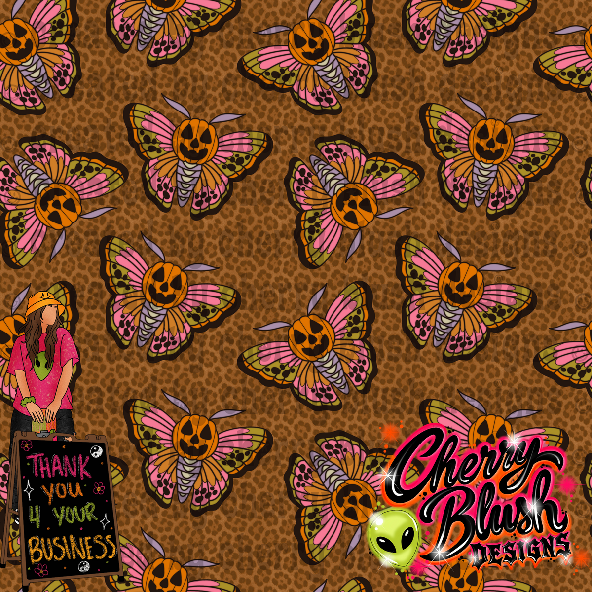 Halloween Pumpkin Moth Seamless Pattern | Pink Orange Leopard Spooky Digital Paper | Cute Halloween Sublimation Design