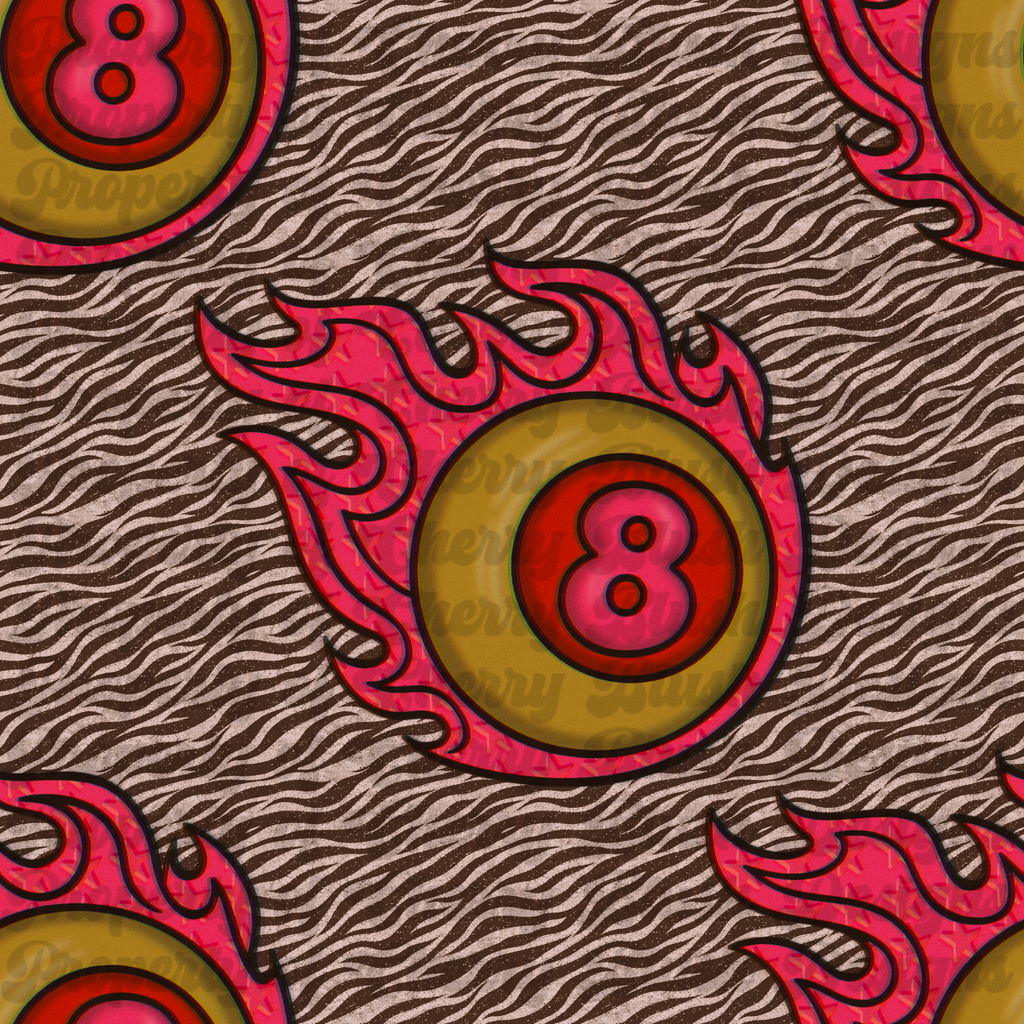 Flaming 8 Ball Pattern PNG | Retro Y2K Seamless Background | Zebra Print Digital Paper | Star Print Alt Pattern
