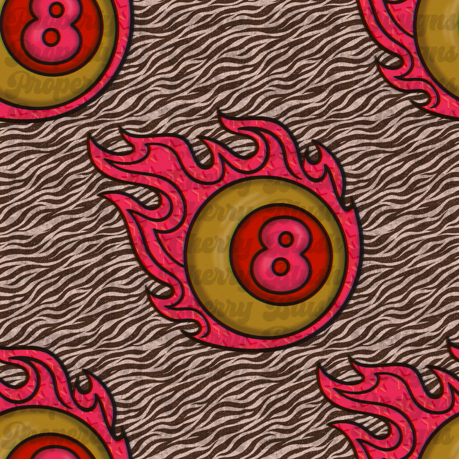 Flaming 8 Ball Pattern PNG | Retro Y2K Seamless Background | Zebra Print Digital Paper | Star Print Alt Pattern