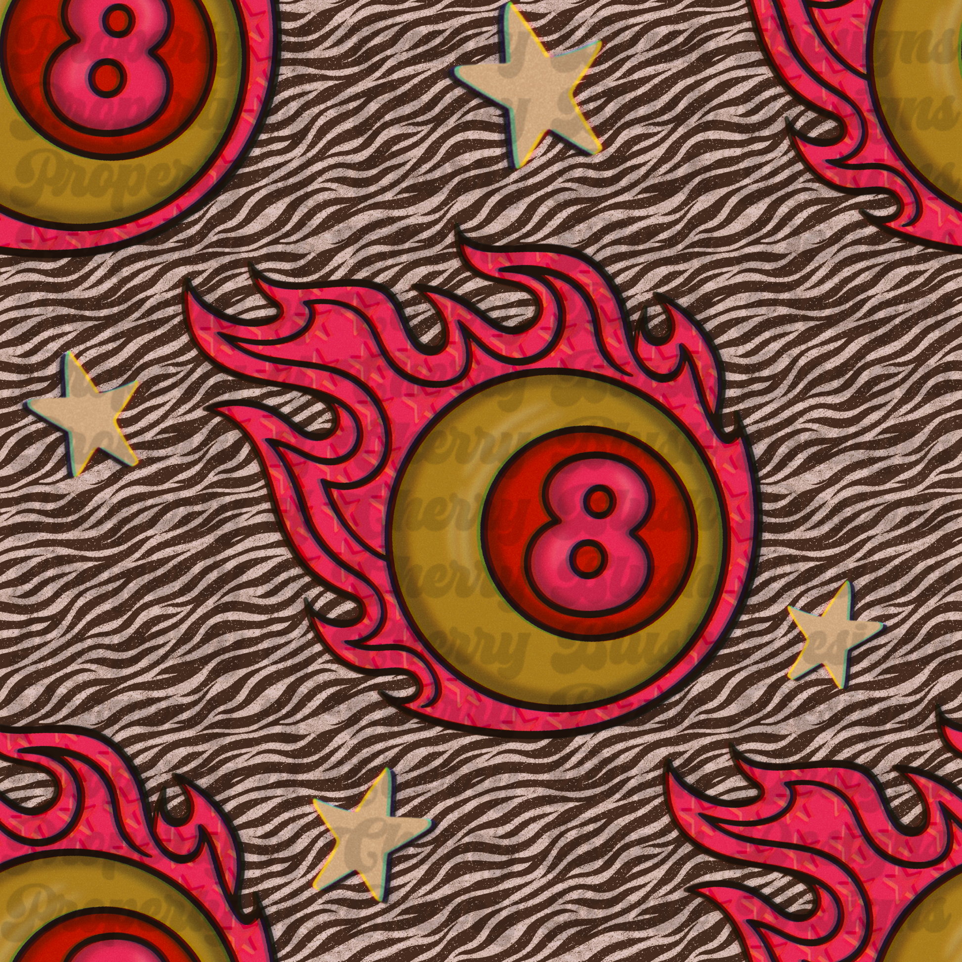 Flaming 8 Ball Pattern PNG | Retro Y2K Seamless Background | Zebra Print Digital Paper | Star Print Alt Pattern