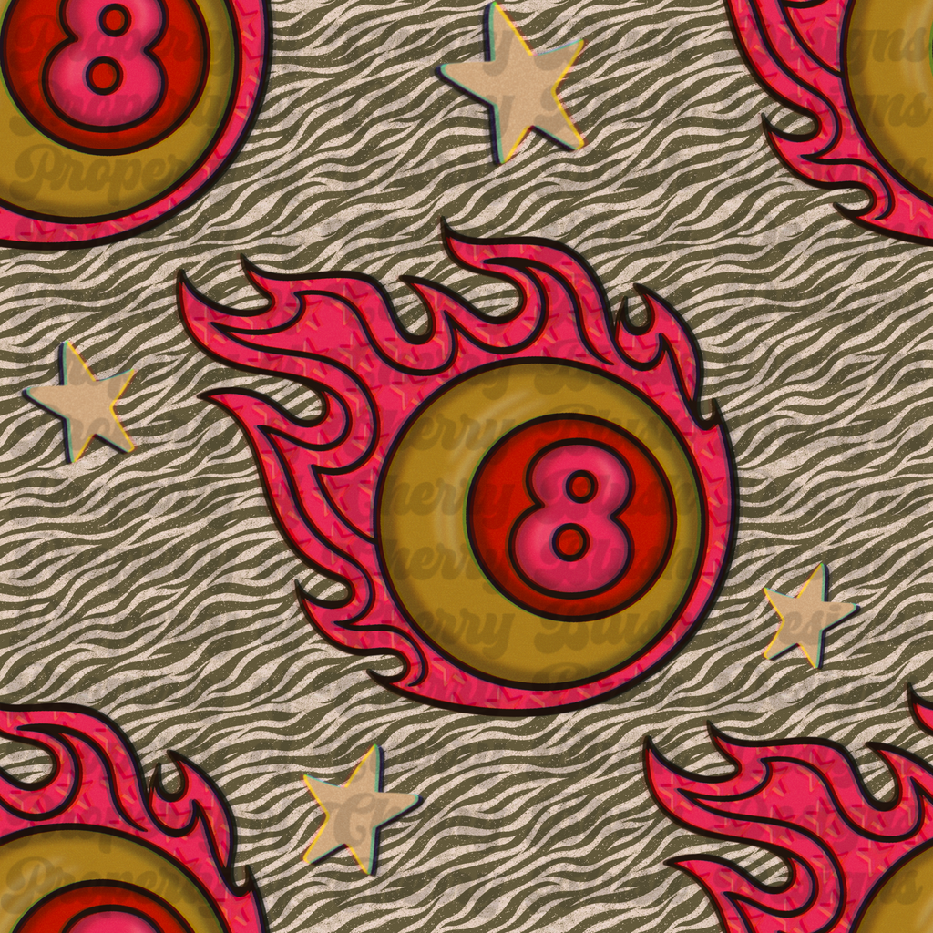 Flaming 8 Ball Pattern PNG | Retro Y2K Seamless Background | Zebra Print Digital Paper | Star Print Alt Pattern