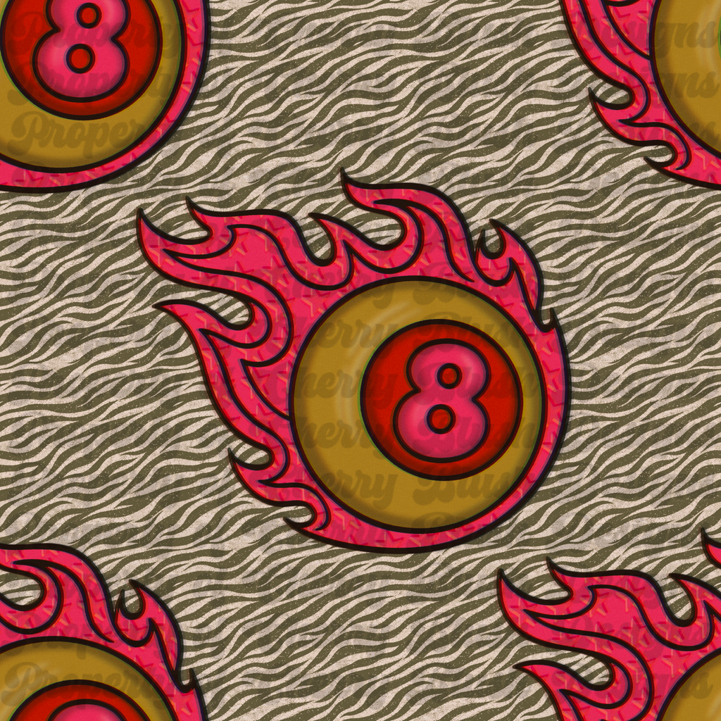 Flaming 8 Ball Pattern PNG | Retro Y2K Seamless Background | Zebra Print Digital Paper | Star Print Alt Pattern