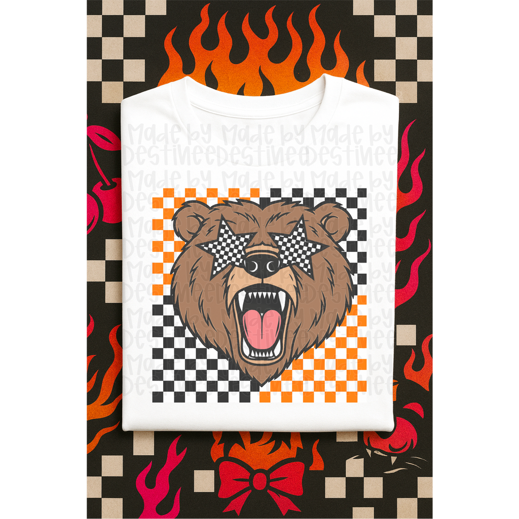 Grunge Checkered Bear Mascot PNG – Star Shades Sublimation Design for Spirit Wear & Game Day
