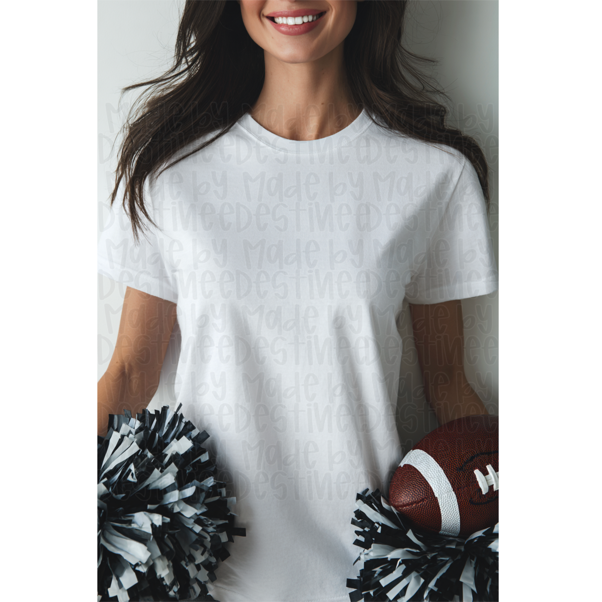 Cheer Game Day T-Shirt Mockup – White Tee with Pom Poms & Football | PNG