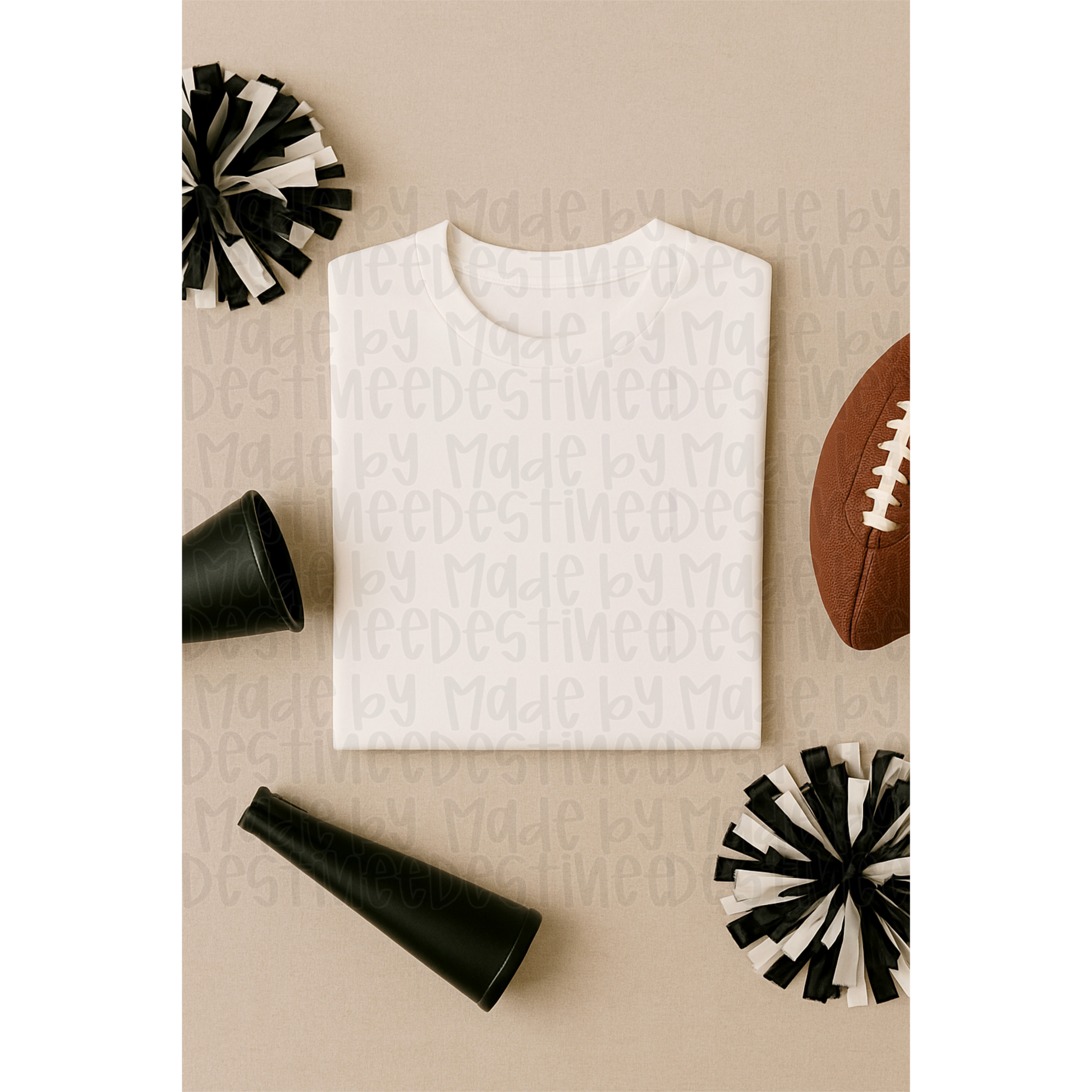 Flat Lay Sports Shirt Mockup – Folded White Tee with Pom Poms, Megaphones & Football | PNG