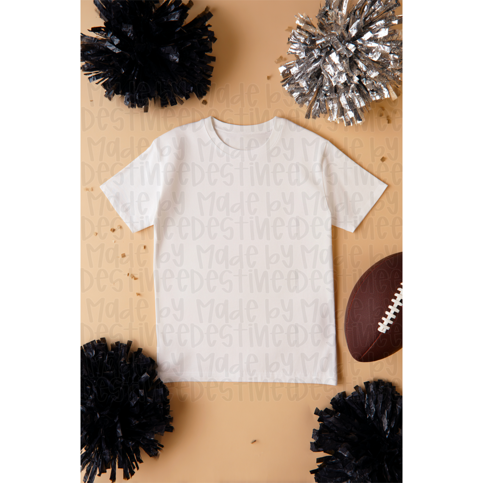 Sports Mascot T-Shirt Mockup – Flat Lay with Pom Poms & Football | Neutral Background | PNG