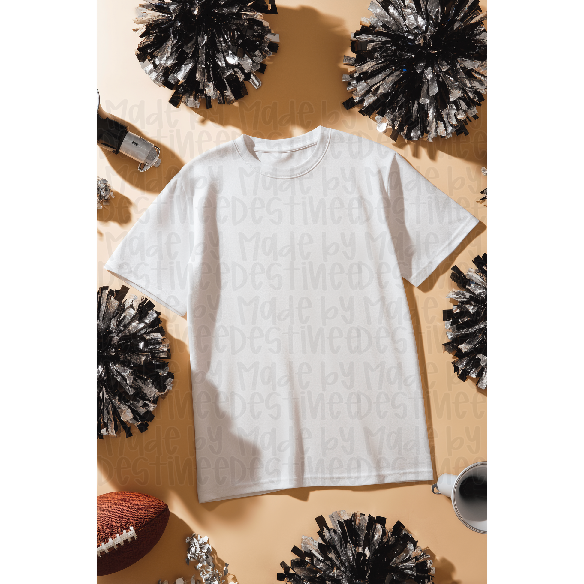 Cheer Game Day Flat Lay Mockup – White T-Shirt with Pom Poms, Megaphone & Football | PNG