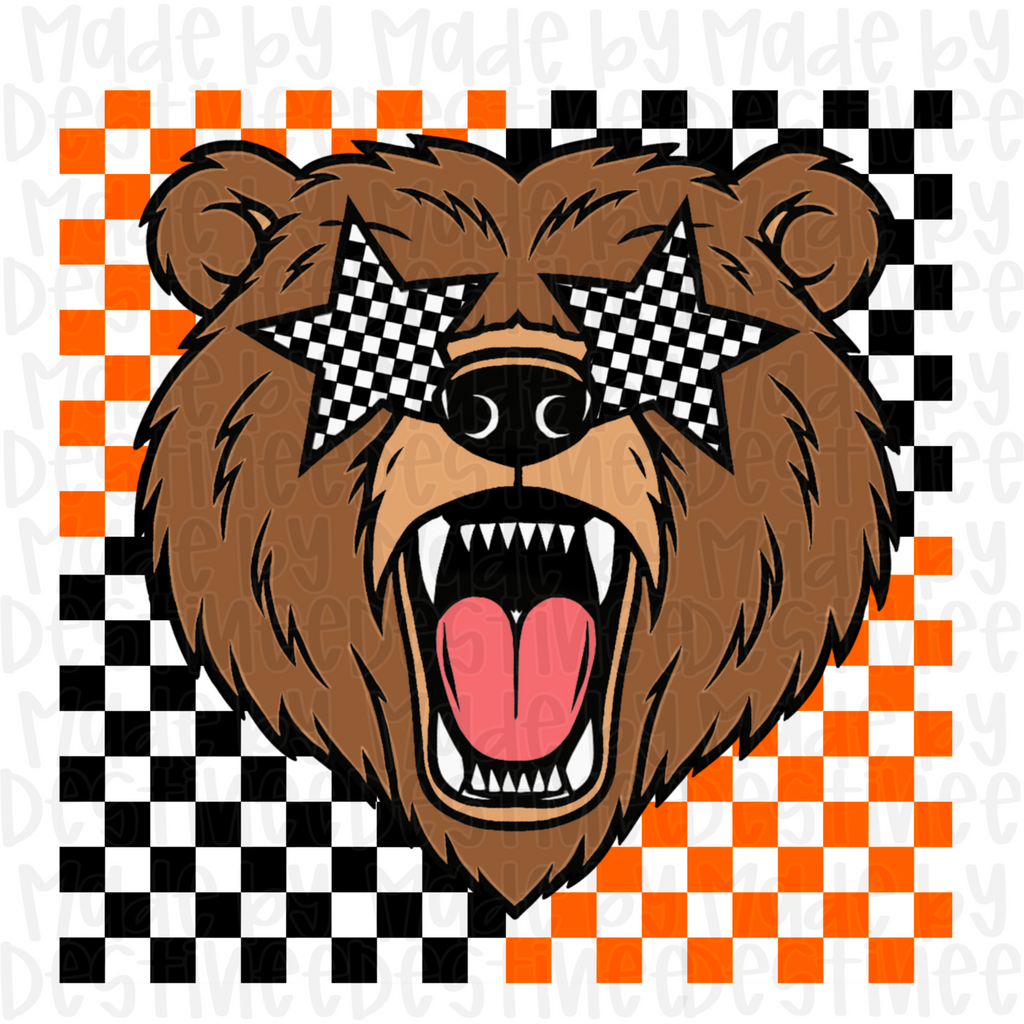 Grunge Checkered Bear Mascot PNG – Star Shades Sublimation Design for Spirit Wear & Game Day