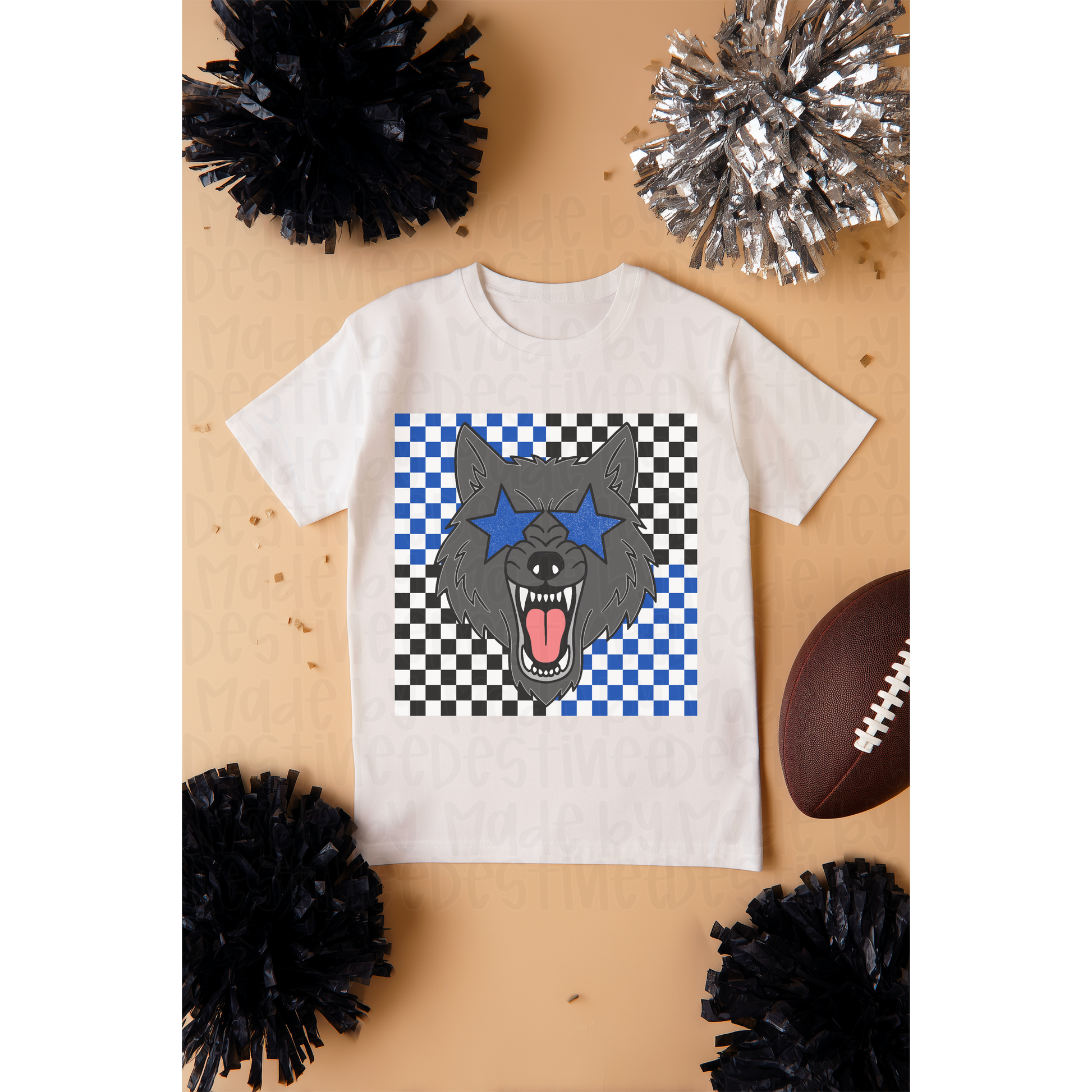 Wolves Mascot PNG – Blue Star Glasses Sublimation Design on Checkered Background | Game Day Shirt