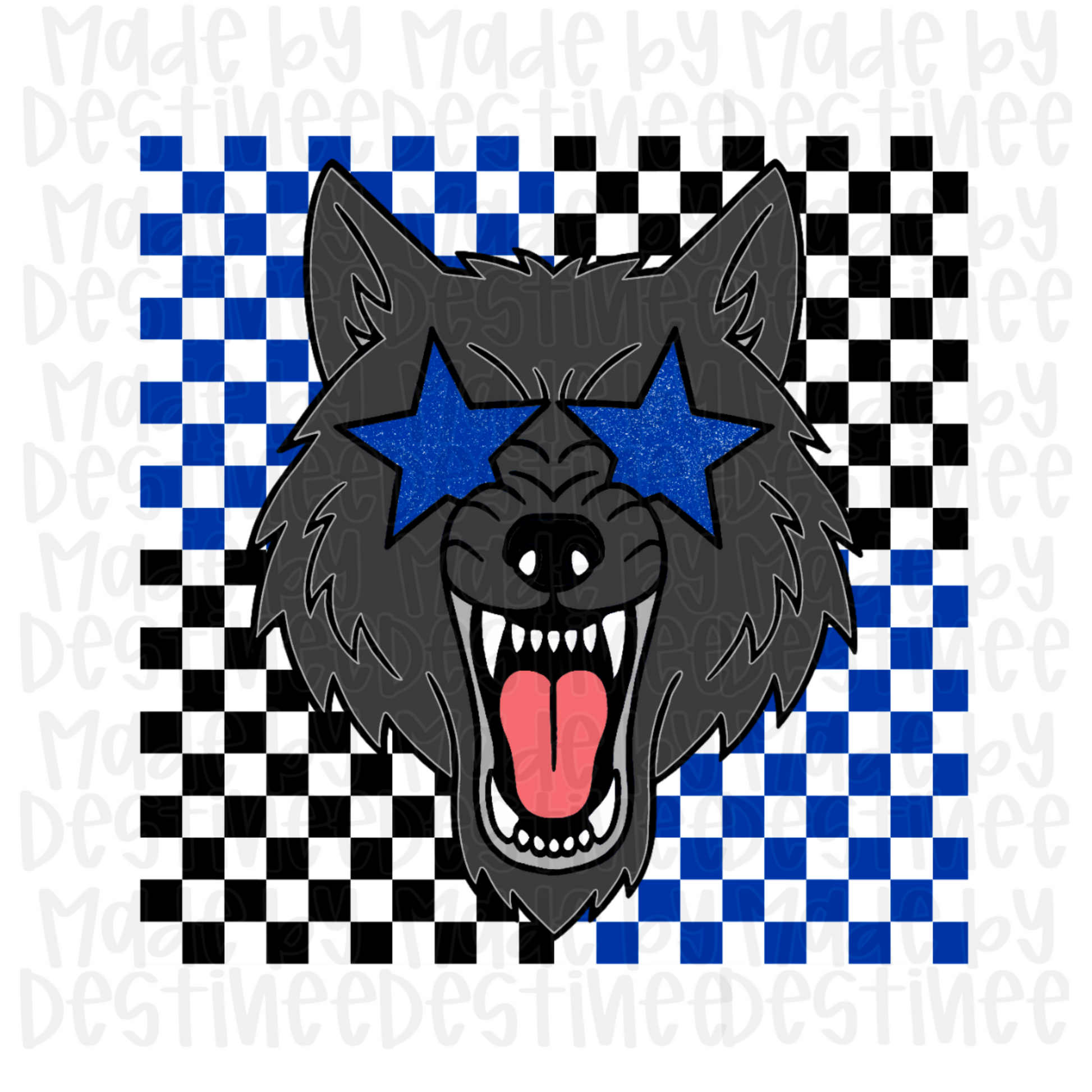 Wolves Mascot PNG – Blue Star Glasses Sublimation Design on Checkered Background | Game Day Shirt