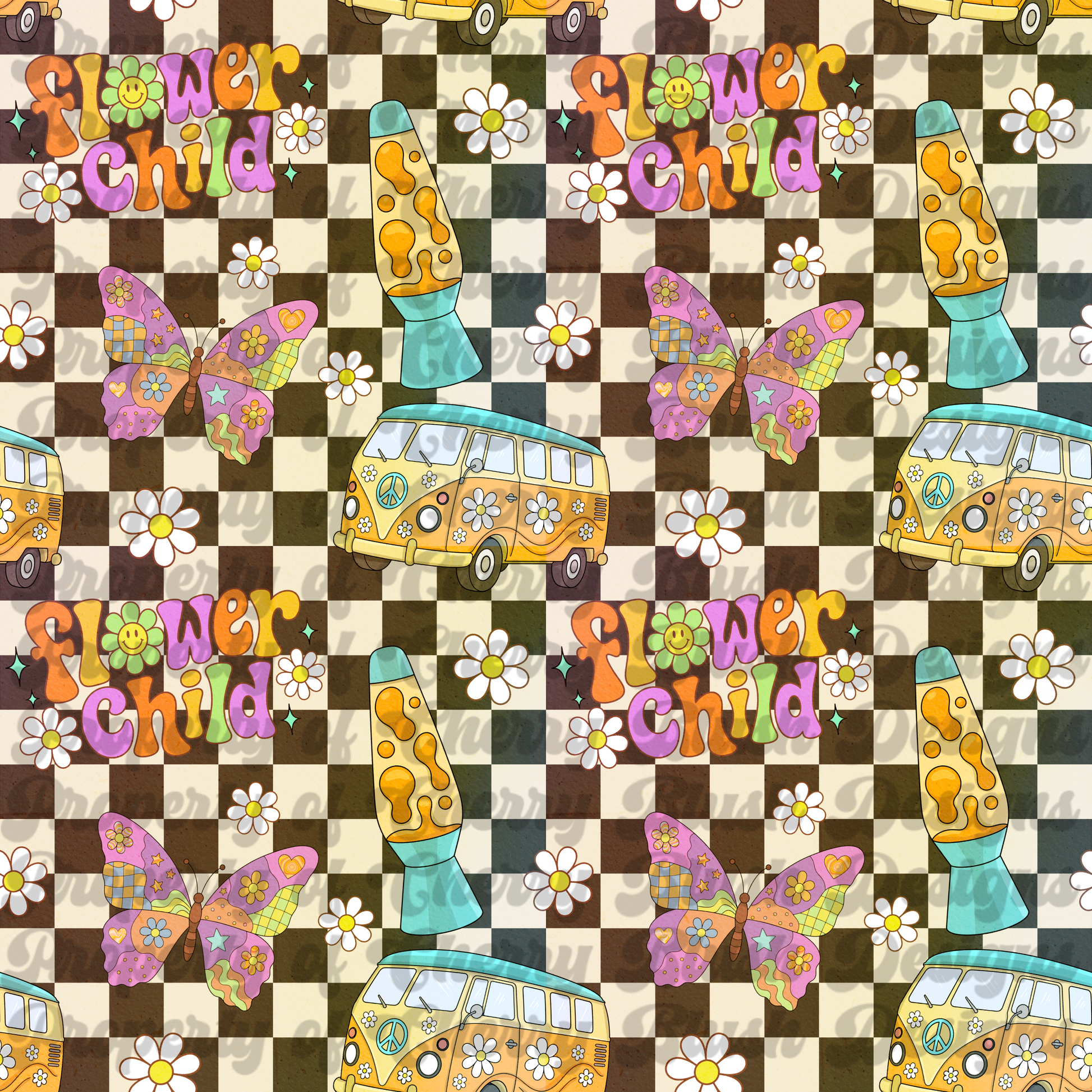 Flower Child Retro Checker Seamless Background | Retro Hippie Pattern | Boho Digital Paper