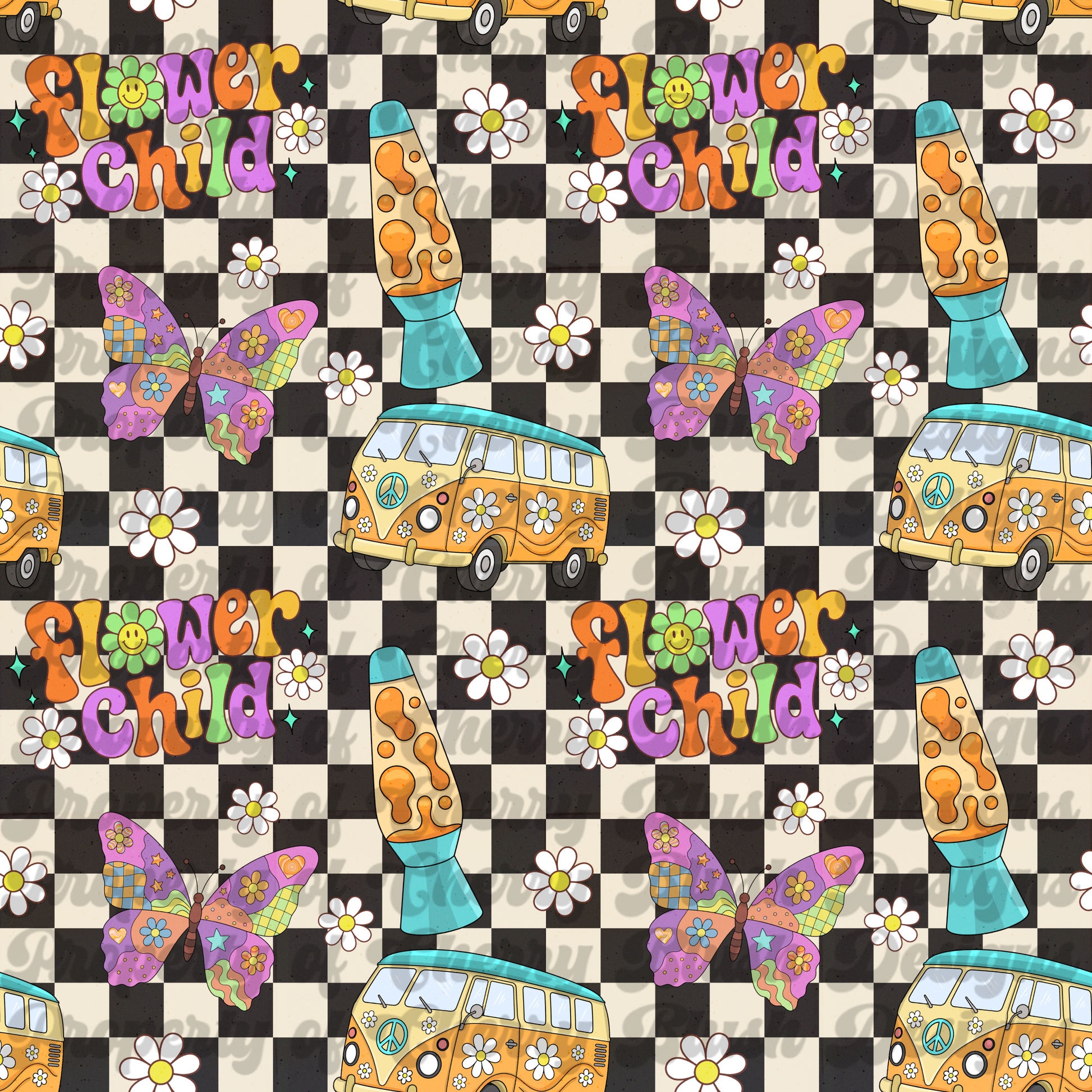 Flower Child Retro Checker Background Black | Hippie Seamless Pattern | Retro Digital Paper | Groovy 70s Design
