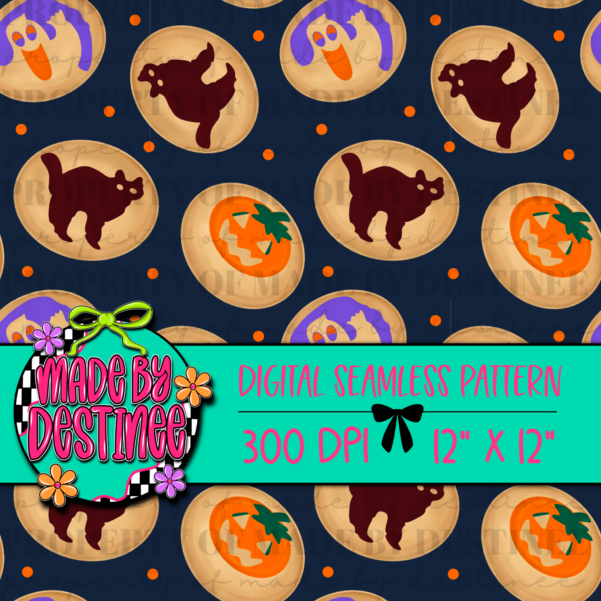 Halloween Cookie Digital Seamless Pattern PNG – Black Cat, Ghost & Pumpkin Cookie Print | 12x12" 300 DPI