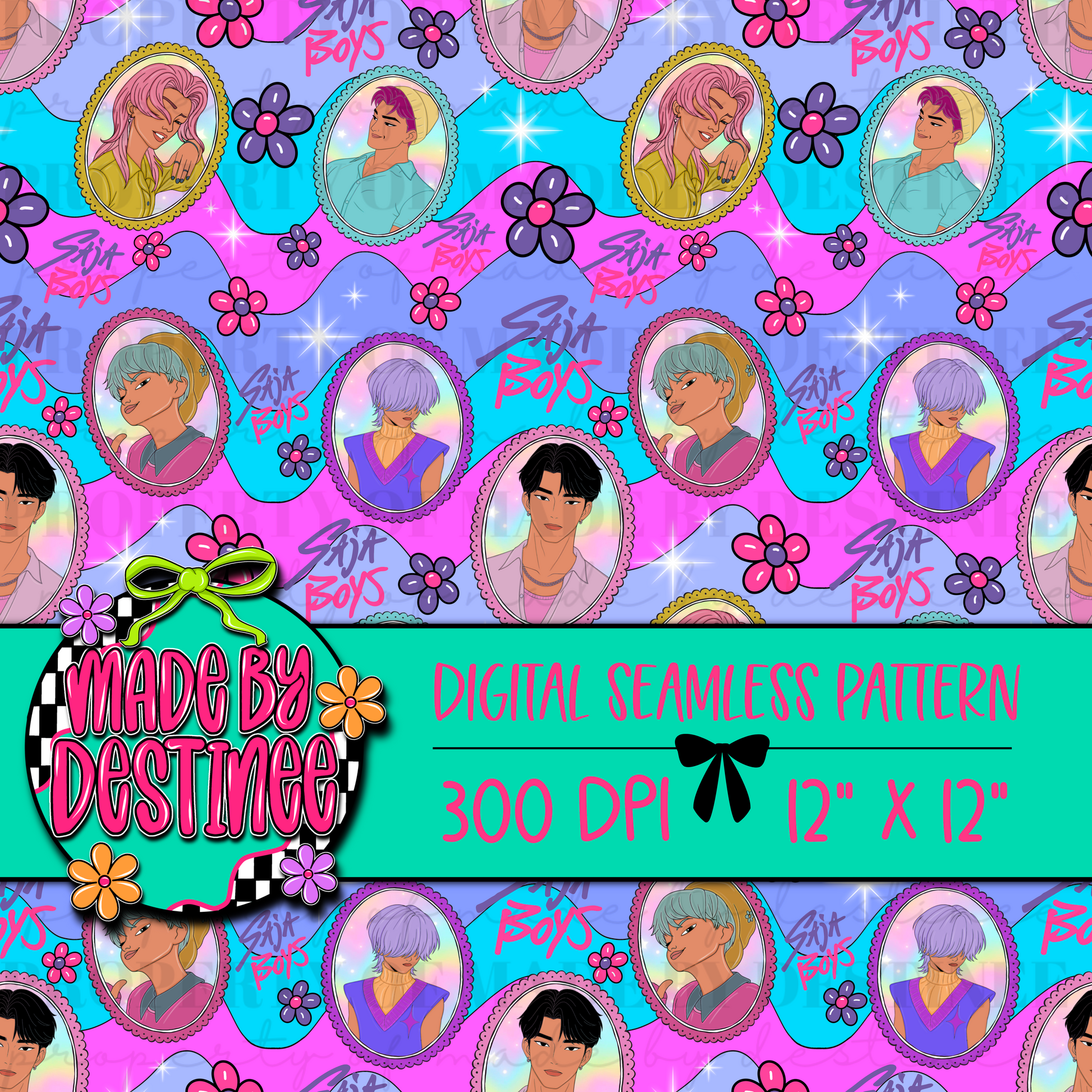 Saja Boys Digital Seamless Pattern PNG – Y2K Kpop-Inspired Pastel Floral Background | 12x12" 300 DPI