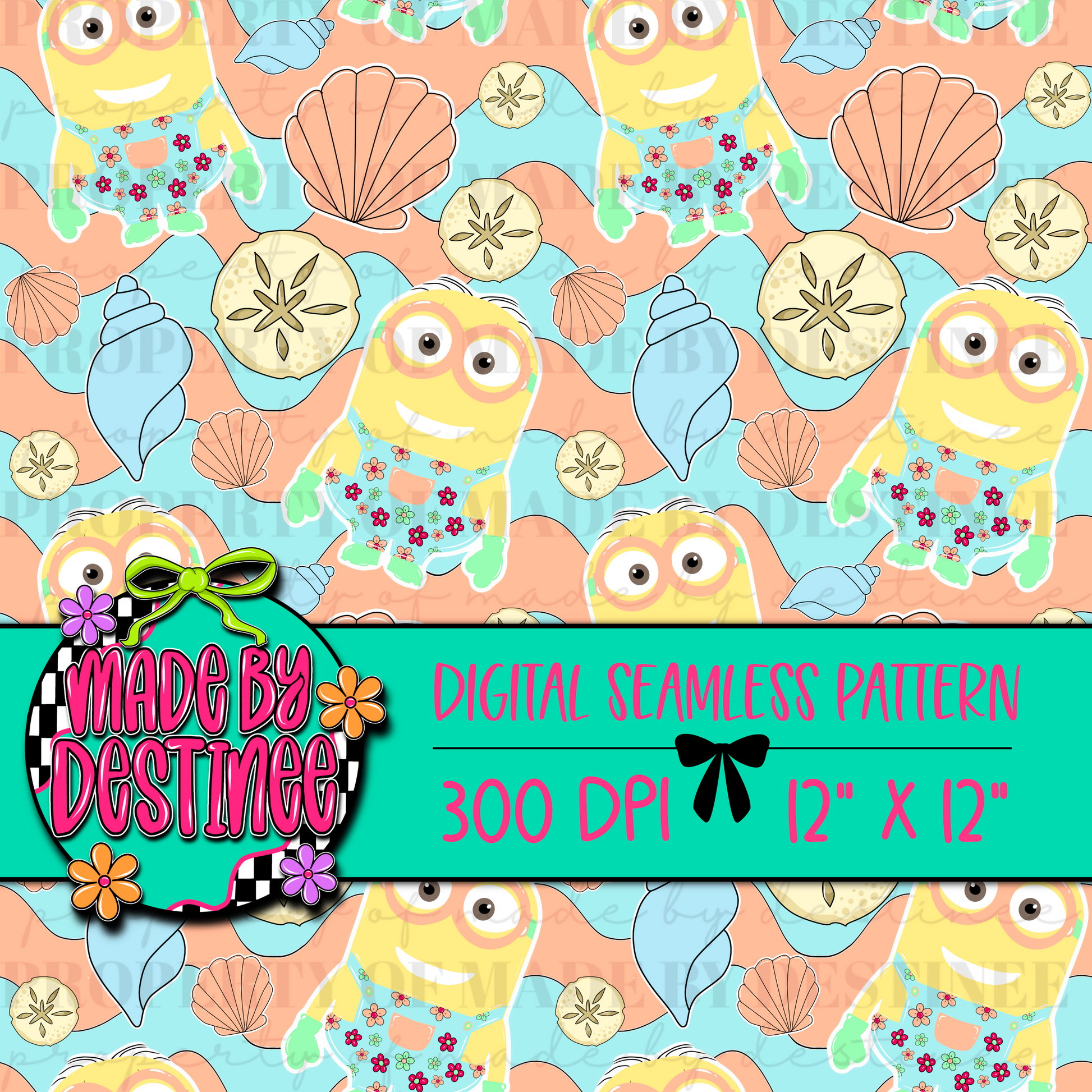 Beach Minion Digital Seamless Pattern PNG – Tropical Seashell Summer Print | 12x12" 300 DPI