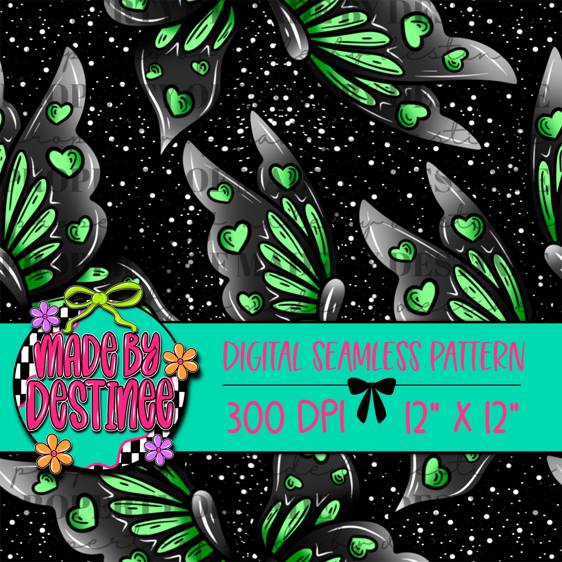 Green Heart Butterfly Digital Seamless Pattern PNG – Gothic Y2K Black & Neon Wings Background | 12x12" 300 DPI
