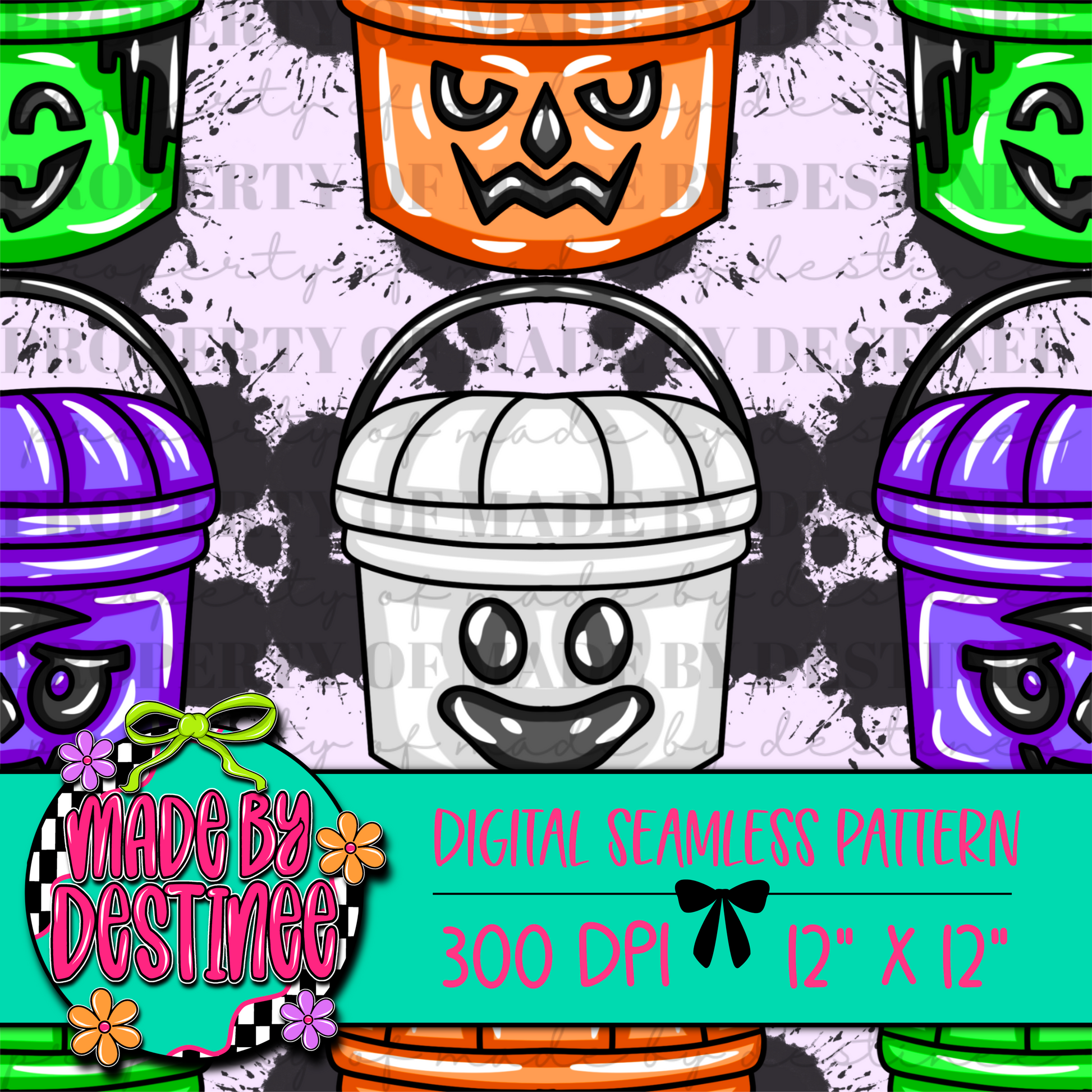 Halloween Bucket Digital Seamless Pattern PNG – Pastel Goth Trick or Treat Pail Print | 12x12" 300 DPI