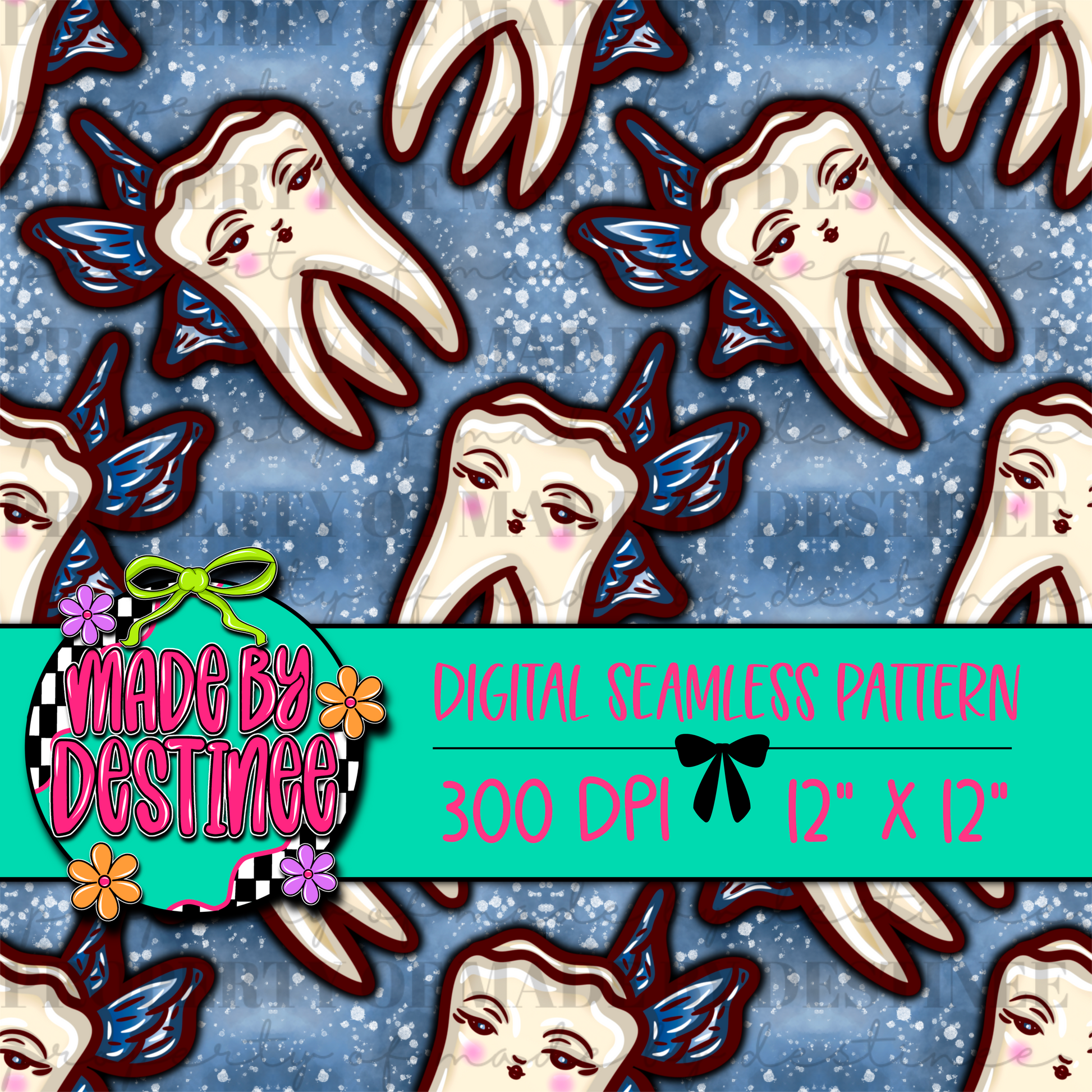 Tooth Fairy Digital Seamless Pattern PNG – Whimsical Tooth with Wings Print | 12x12" 300 DPI