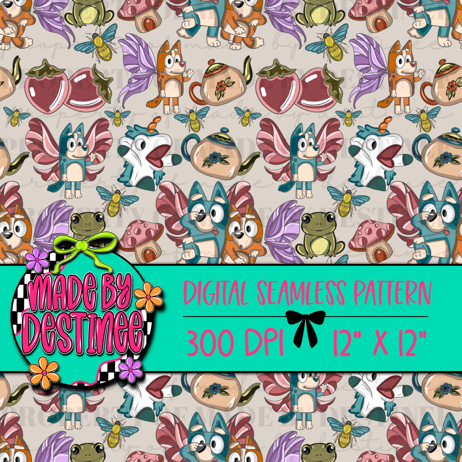 Fairy Garden Digital Seamless Pattern PNG – Bluey-Inspired Characters with Teapots, Strawberries & Frogs | 12x12" 300 DPI