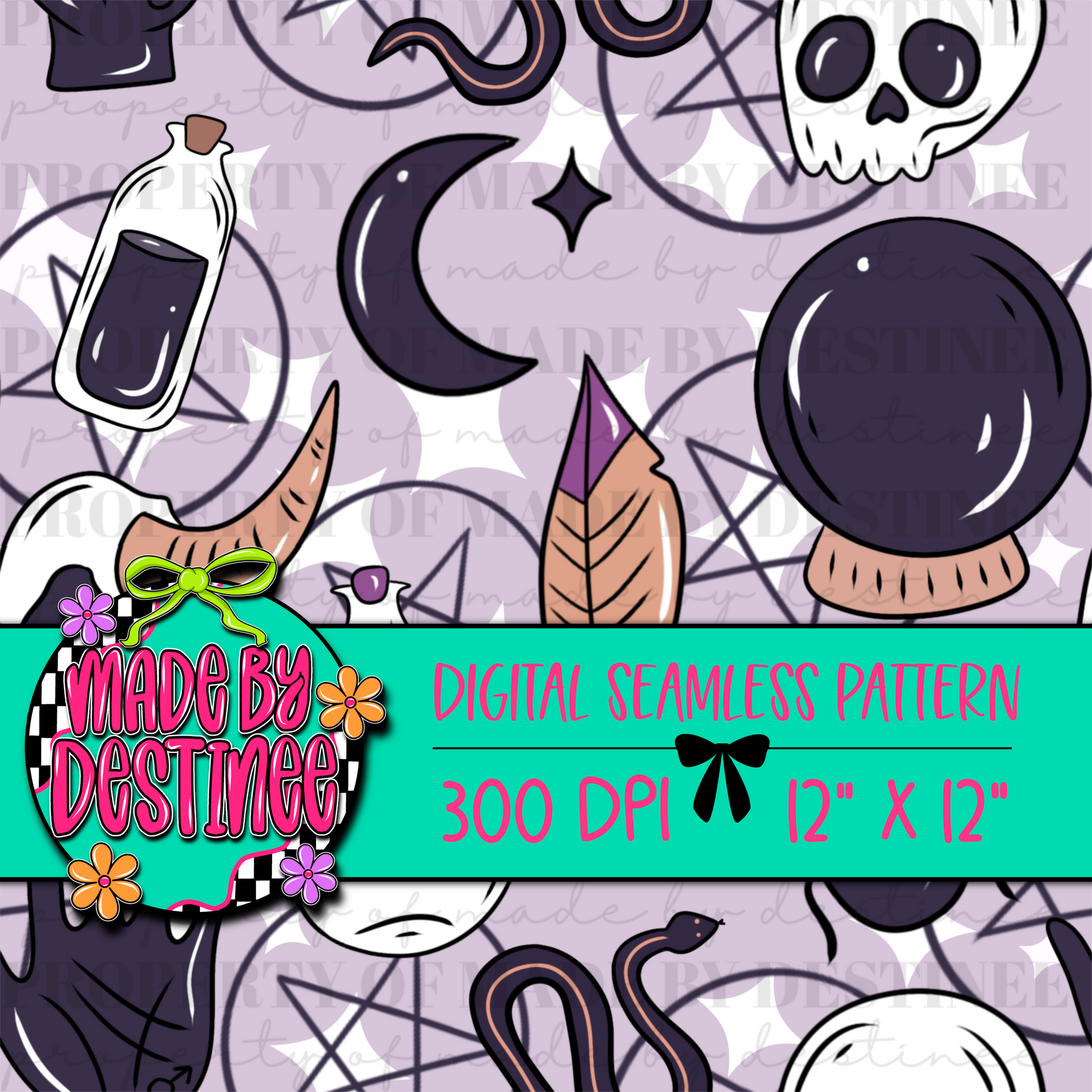 Witchy Digital Seamless Pattern PNG – Crystal Ball, Moon & Skull Occult Design | 12x12" 300 DPI