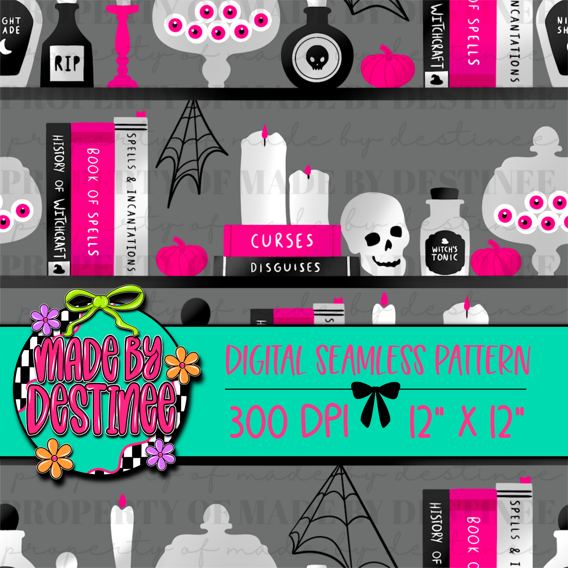 Witchy Bookshelf Digital Seamless Pattern PNG – Gothic Potion, Skull & Spell Book Design | 12x12" 300 DPI