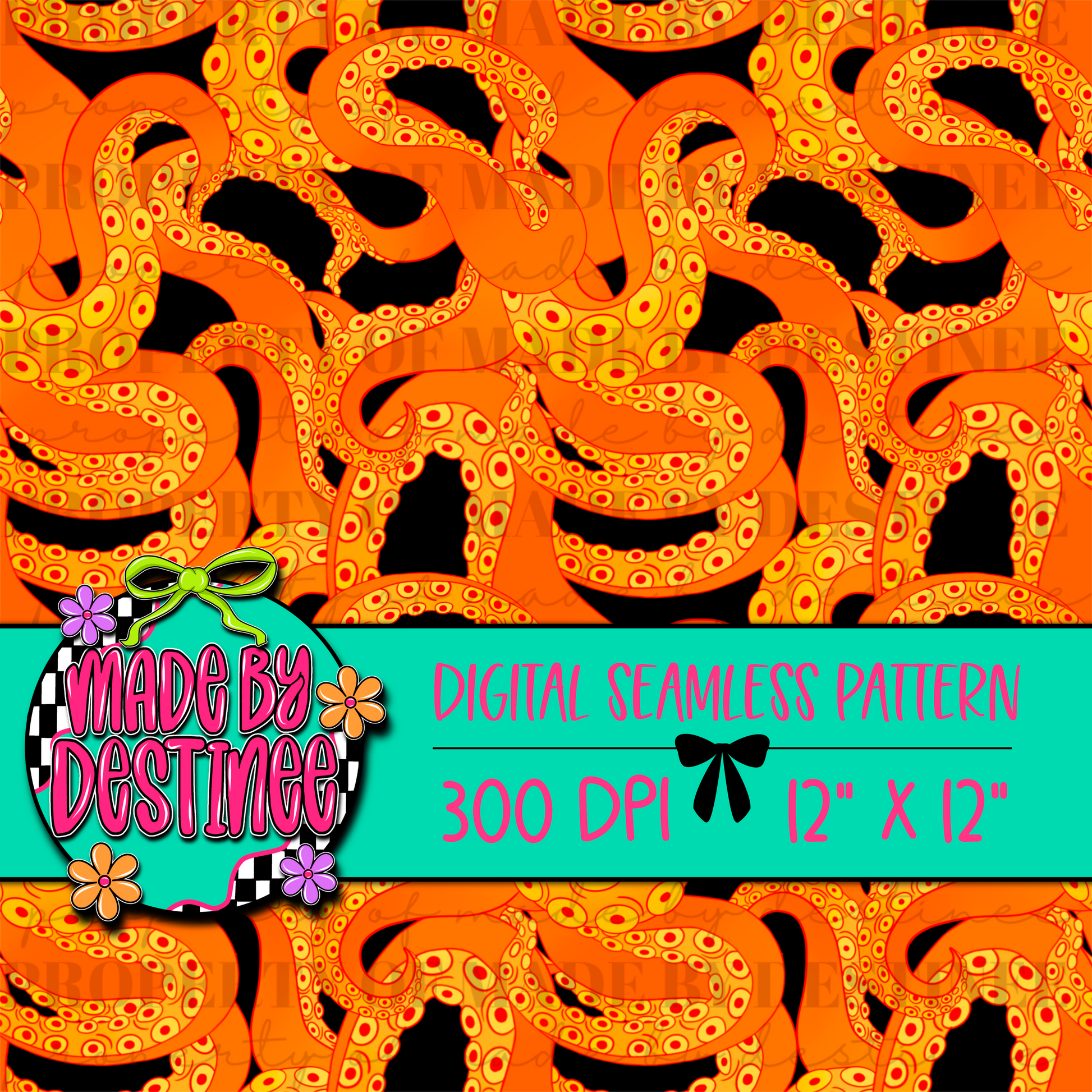 Orange Tentacle Digital Seamless Pattern PNG – Nautical Sea Creature Print | 12x12" 300 DPI