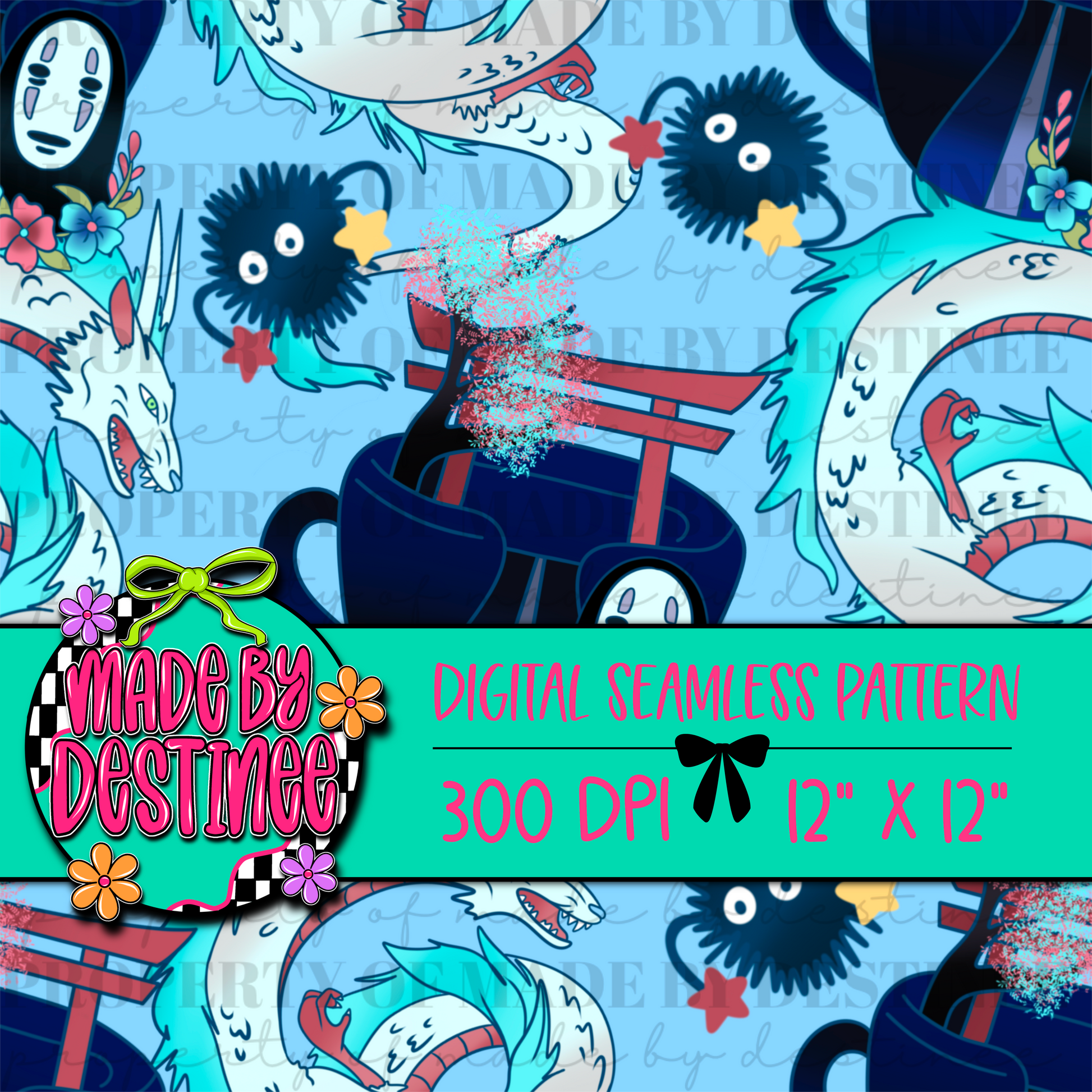 Whimsical Fantasy Anime Dragon Digital Seamless Pattern PNG – Magic Creature & Japanese Garden Design | 12x12" 300 DPI