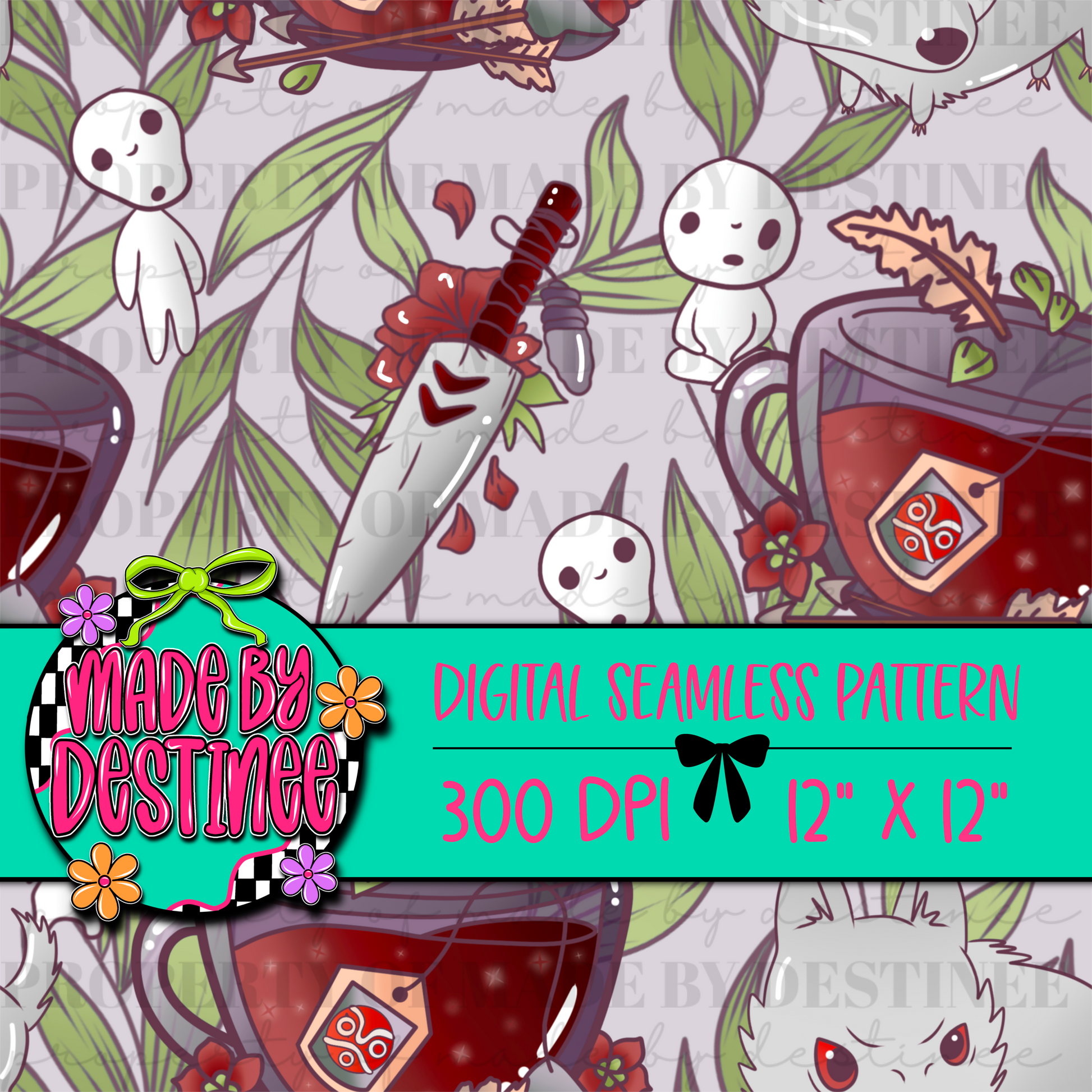 Fantasy Anime Forest Warrior Digital Seamless Pattern PNG – Magical Spirits, Sword & Nature Design | 12x12" 300 DPI