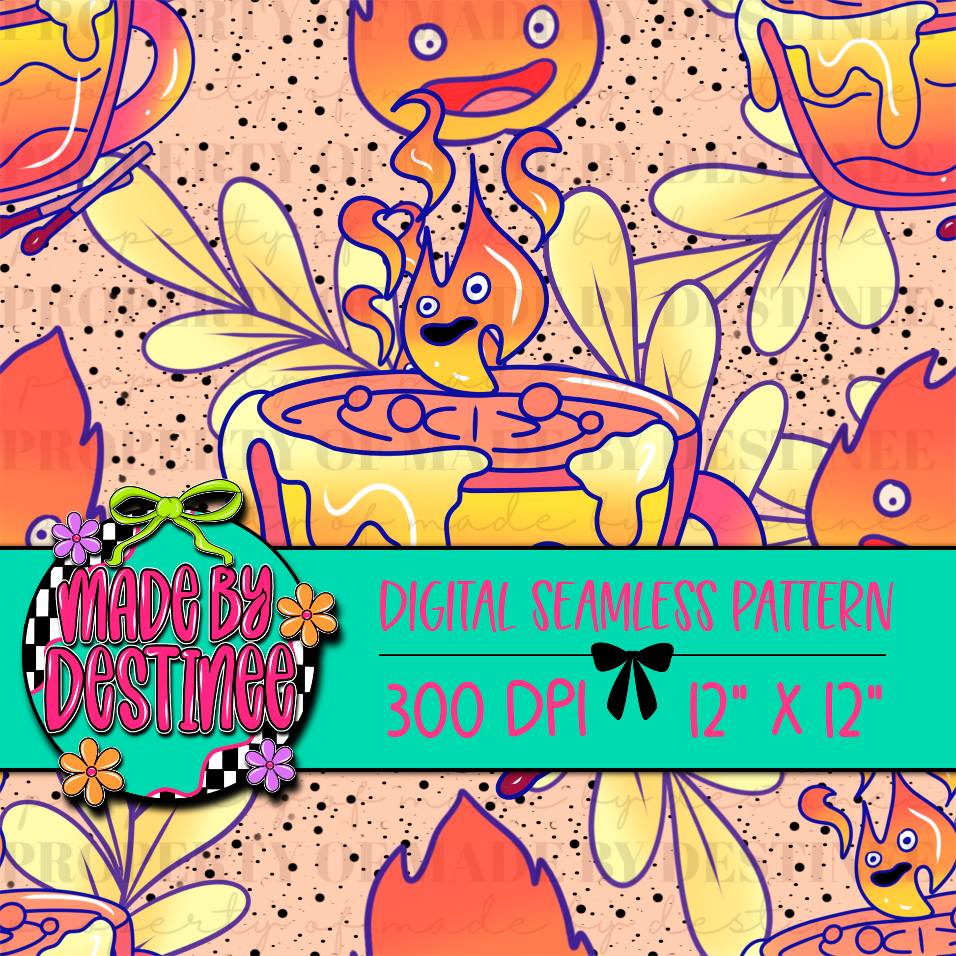 Whimsical Anime Fire Spirit Digital Seamless Pattern PNG – Cozy Flame & Teacup Design | 12x12" 300 DPI