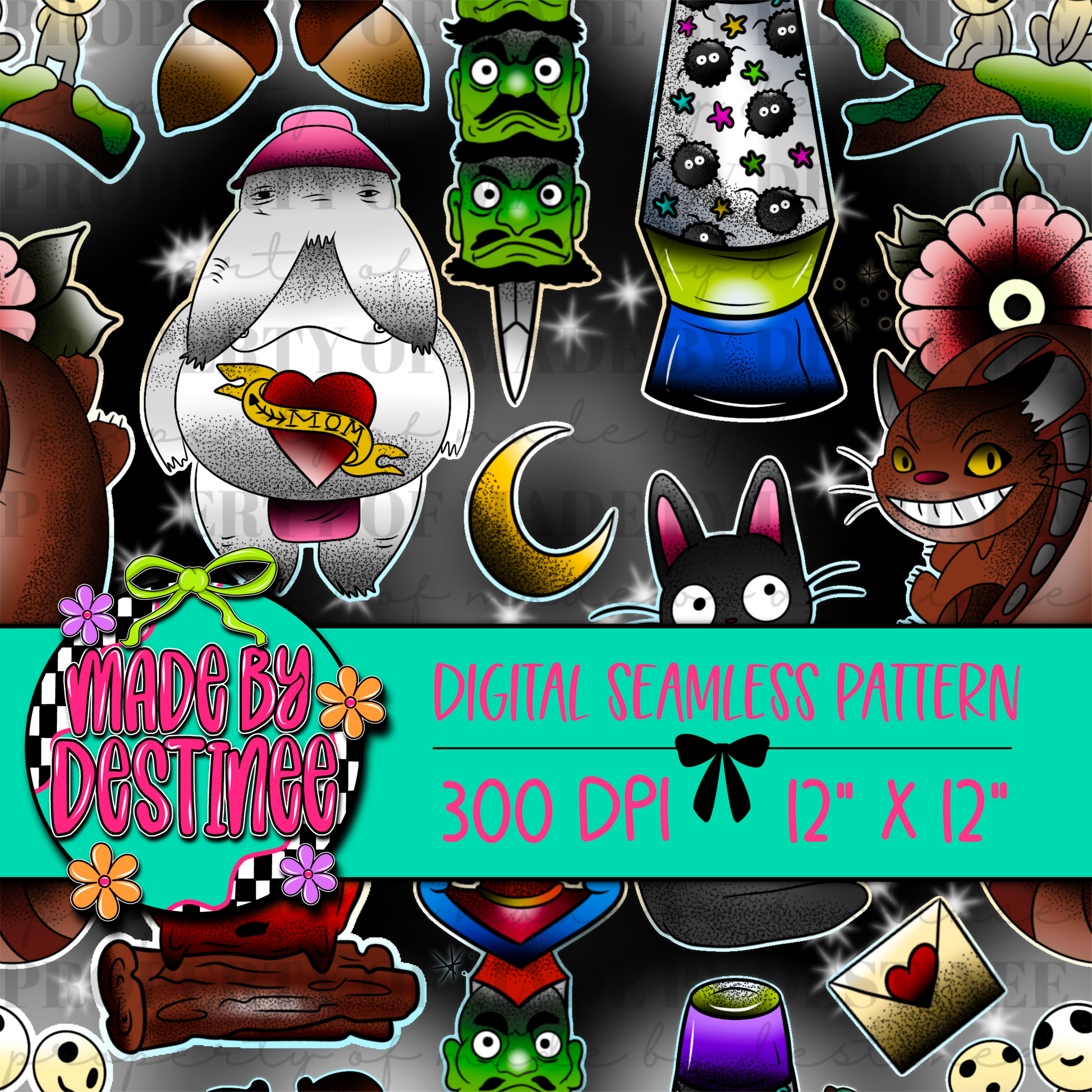 Whimsical Anime Fantasy Character Digital Seamless Pattern PNG – Magical Cat, Moon & Lava Lamp Design | 12x12" 300 DPI