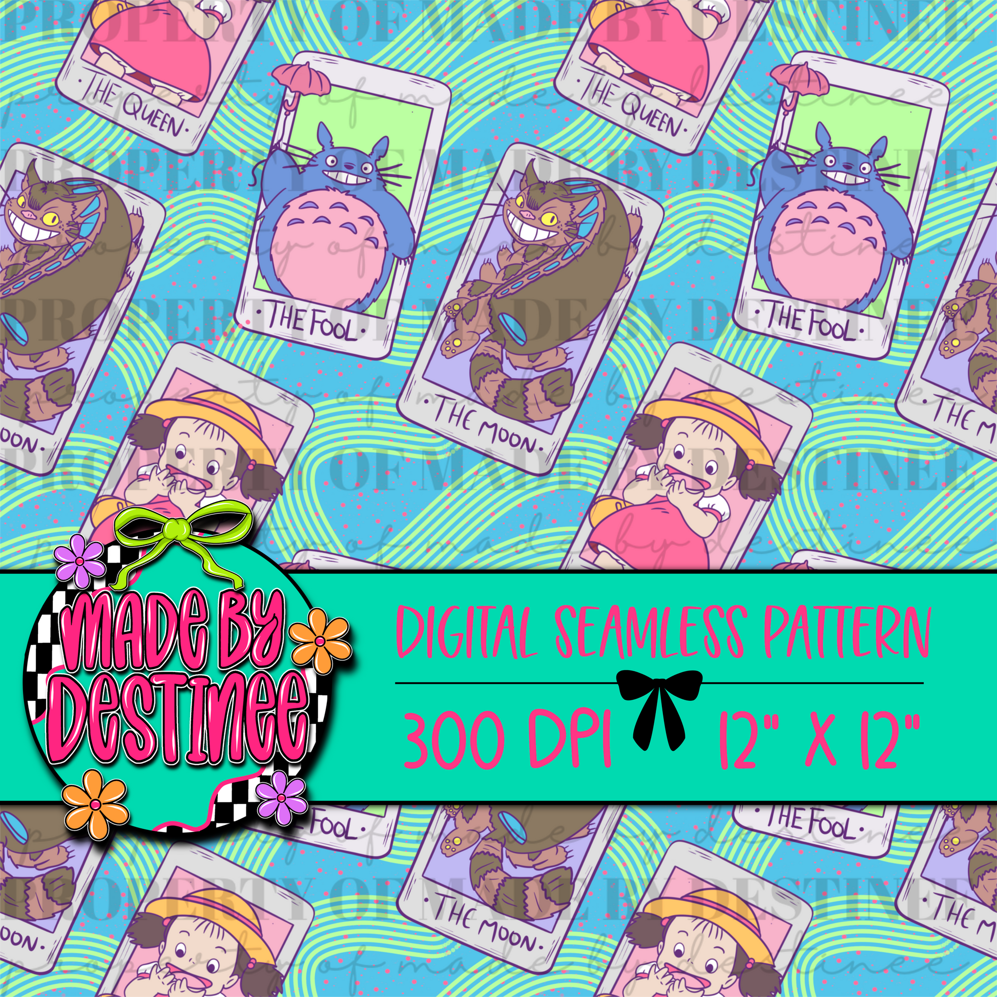 Whimsical Anime Tarot Card Digital Seamless Pattern PNG – Fantasy Creature & Magical Girl Design | 12x12" 300 DPI