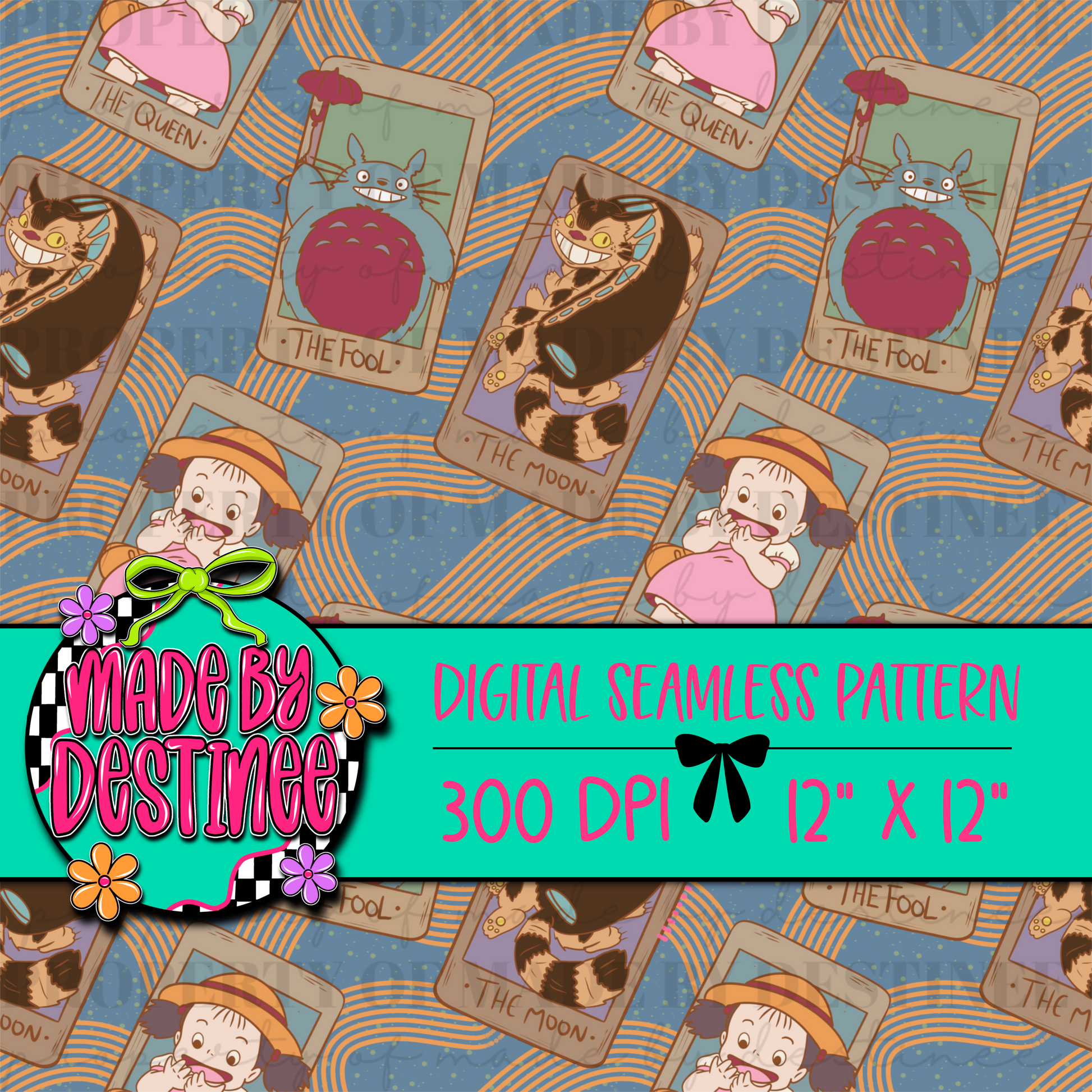 Vintage Anime Tarot Card Digital Seamless Pattern PNG – Fantasy Creature & Magical Girl Design | 12x12" 300 DPI