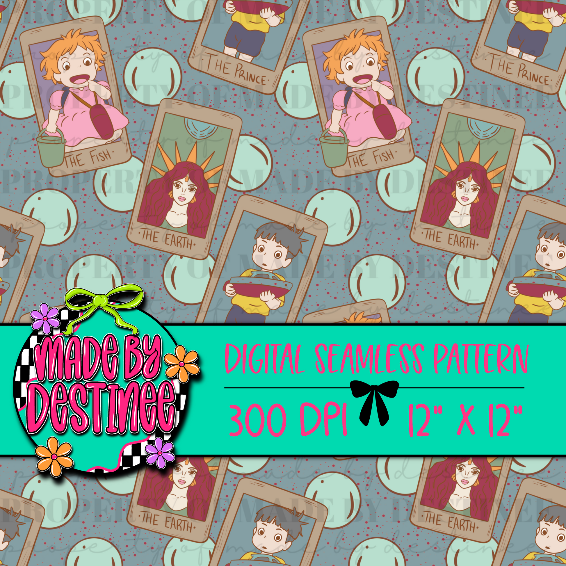 Ocean Fantasy Anime Tarot Card Digital Seamless Pattern PNG – Magical Characters & Sea-Themed Design | 12x12" 300 DPI