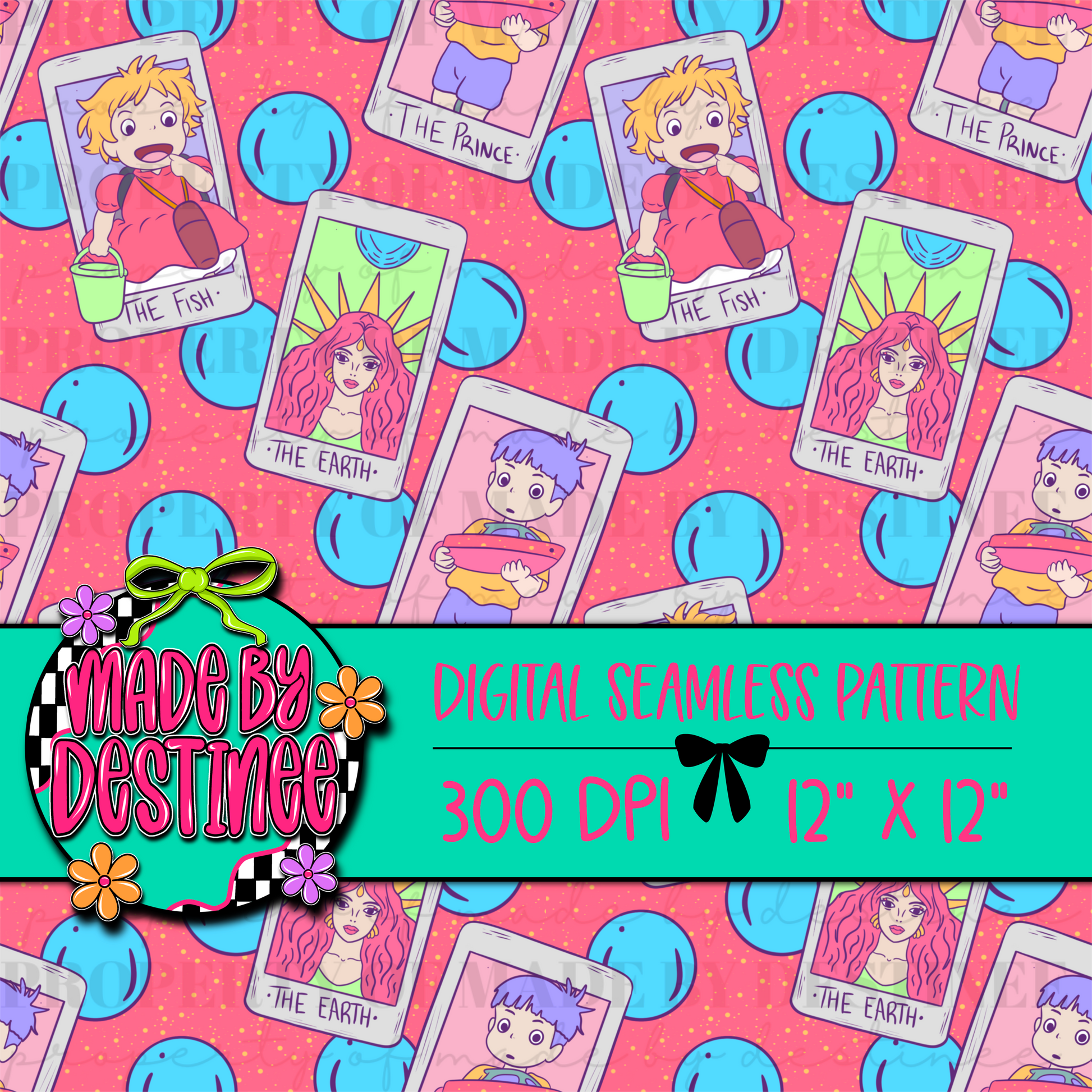 Bright Ocean Fantasy Anime Tarot Card Digital Seamless Pattern PNG – Magical Characters & Sea-Themed Design | 12x12" 300 DPI