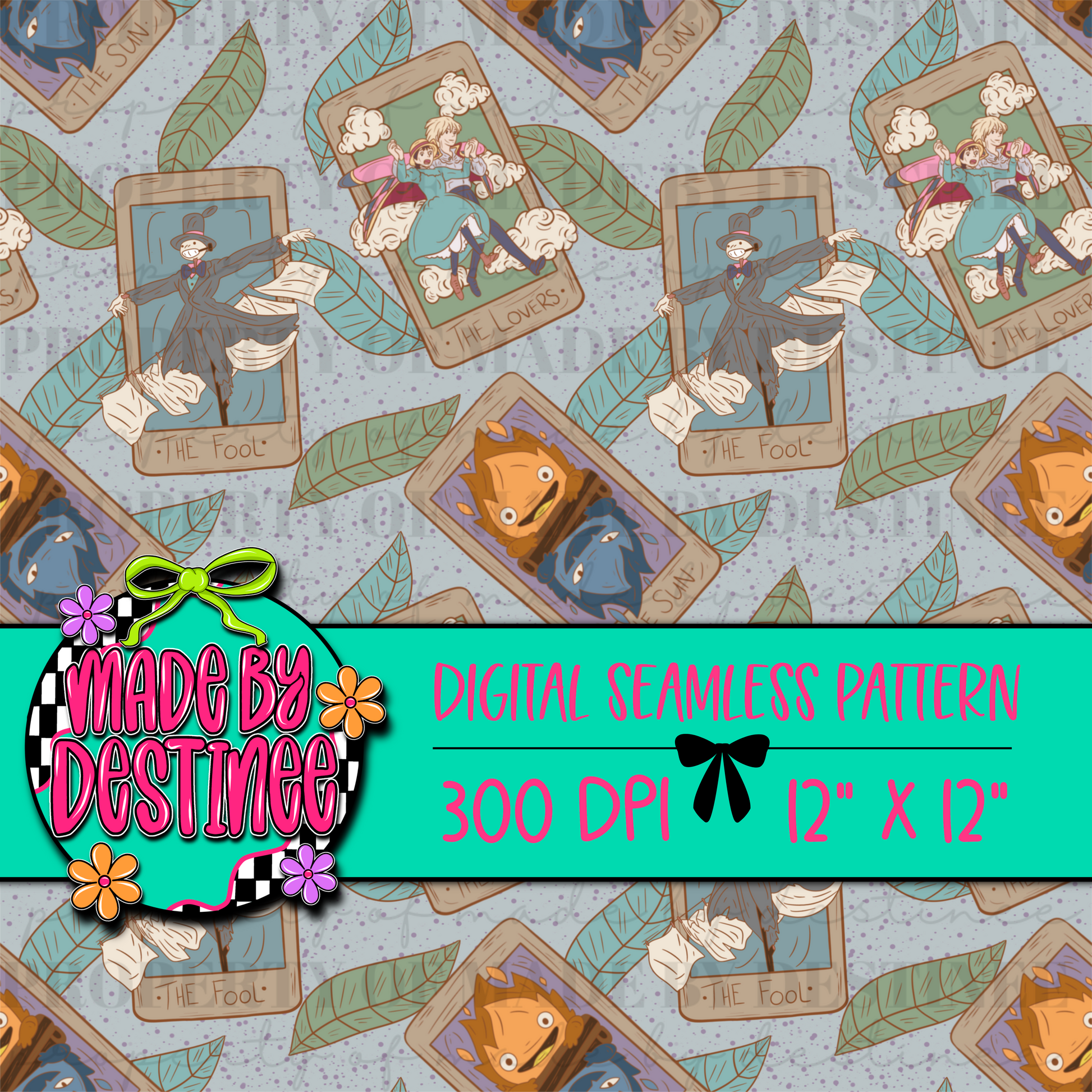 Earthy Leafy Anime Tarot Card Seamless Pattern PNG – Cottagecore Witchy Digital Download | 12x12" 300 DPI