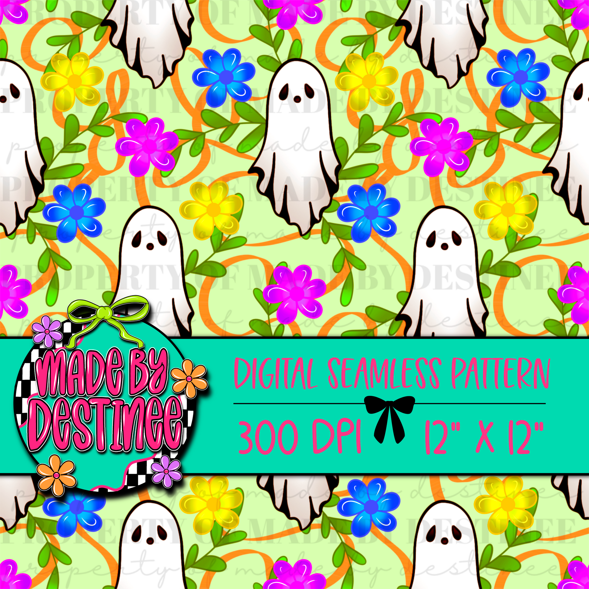 Bright Floral Ghost Seamless Pattern PNG – Cute Spooky Halloween Digital Download | 12x12" 300 DPI