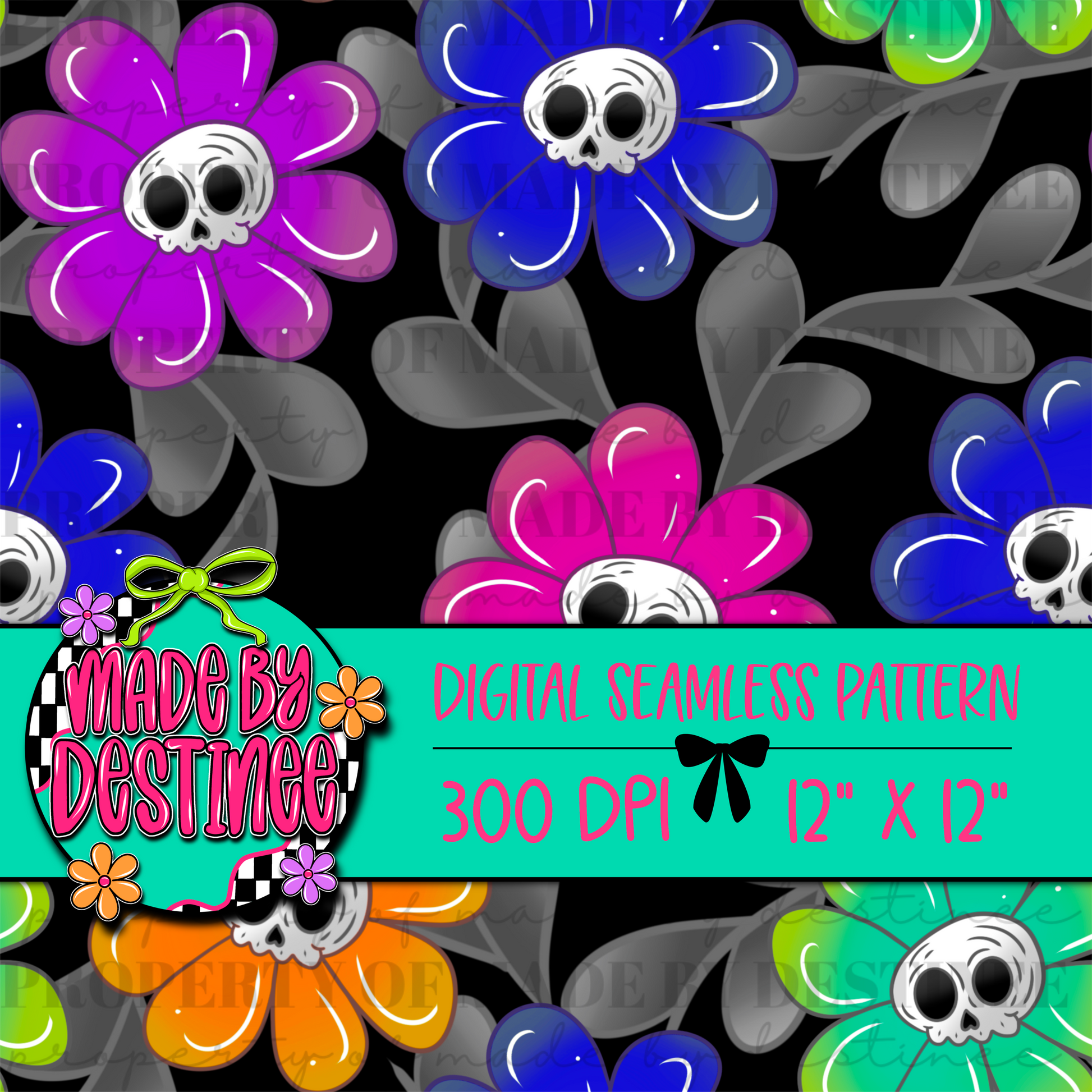 Goth Skull Flower Seamless Digital Pattern | 12x12" 300 DPI Pastel Goth Spooky Floral Clipart