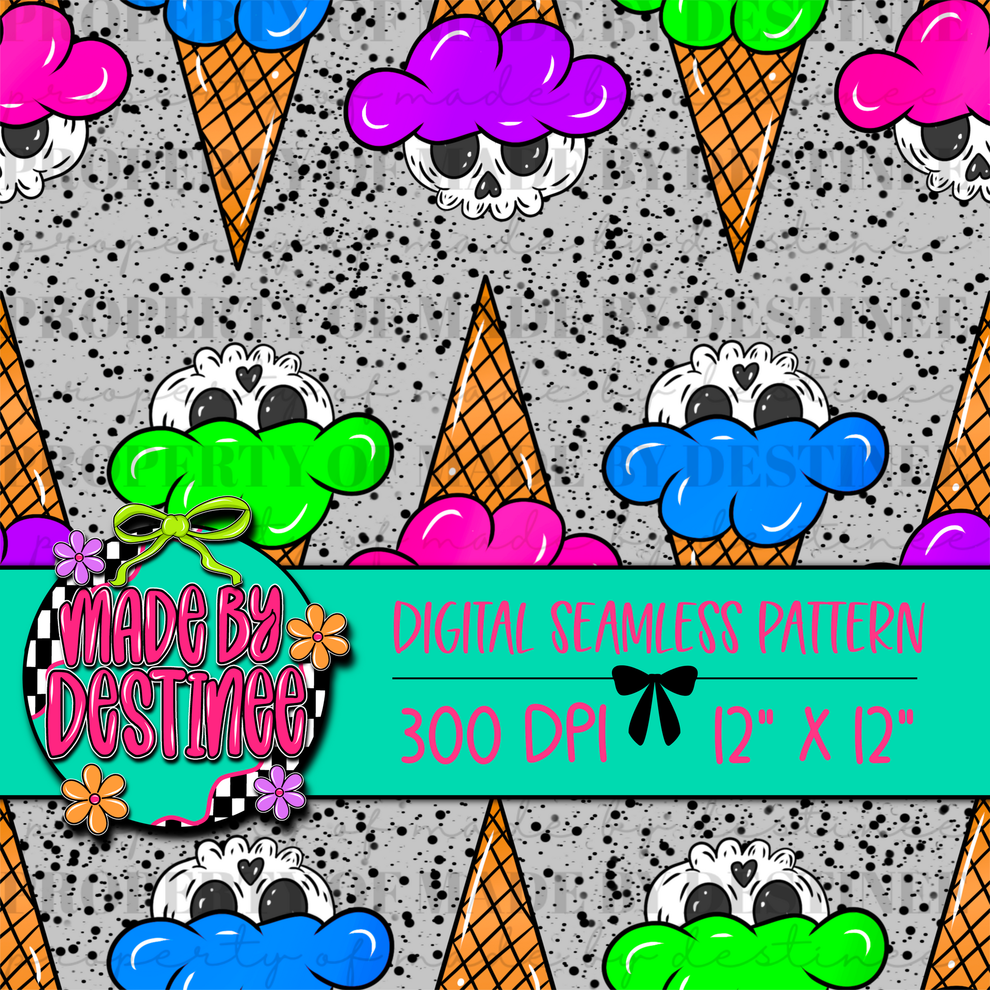 Skull Ice Cream Seamless Digital Pattern | 12x12" 300 DPI Creepy Cute Pastel Goth Background