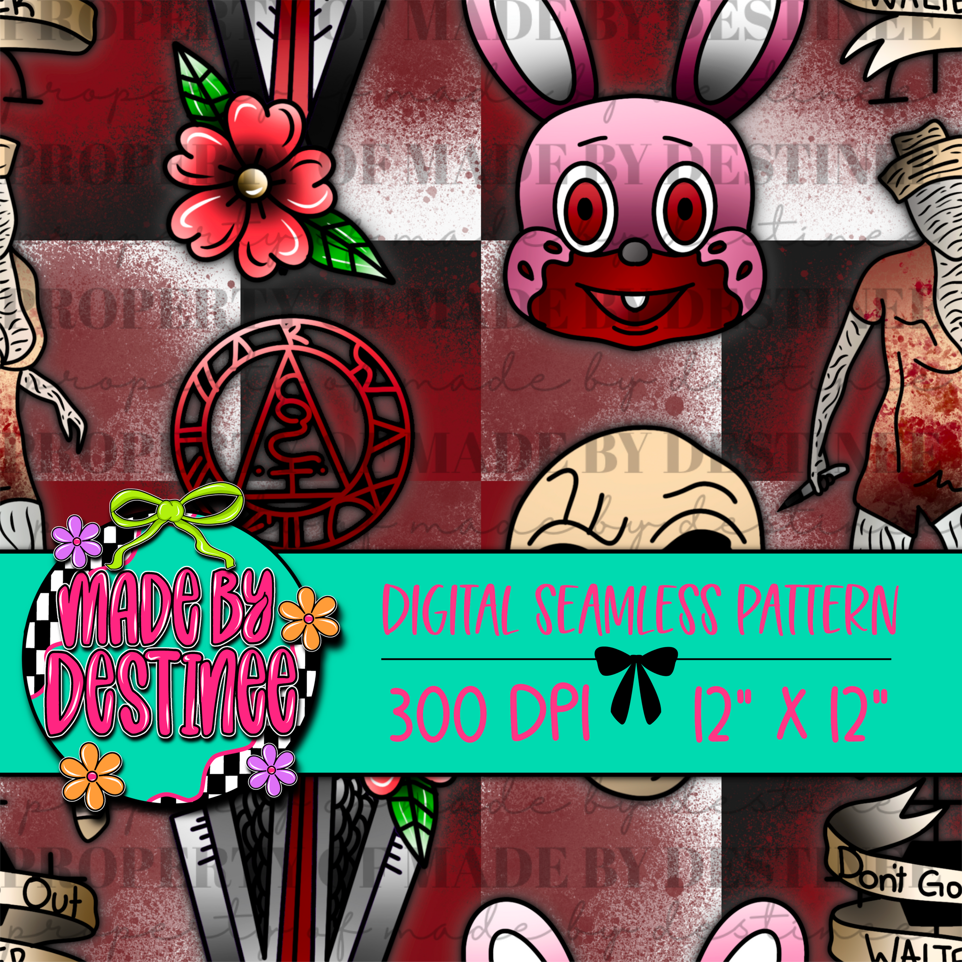 Checkerboard Horror Gamer Seamless Digital Pattern | 12x12" 300 DPI Creepy Grunge Sublimation Background