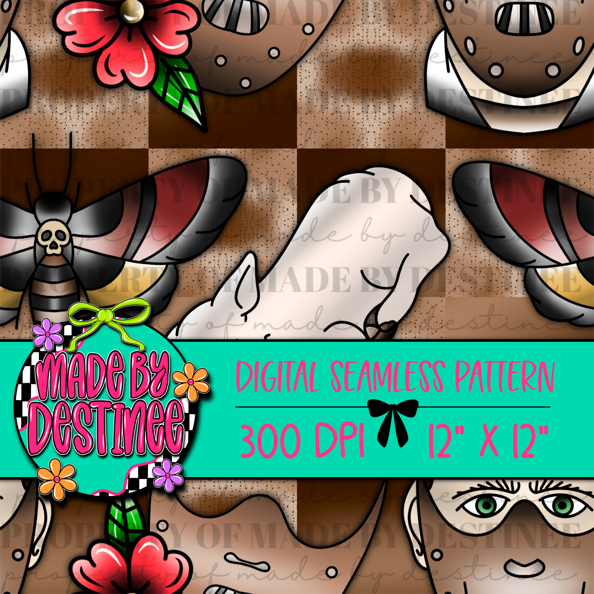 Checkerboard Horror Thriller Seamless Digital Pattern | 12x12" 300 DPI Creepy Moth Mask Background