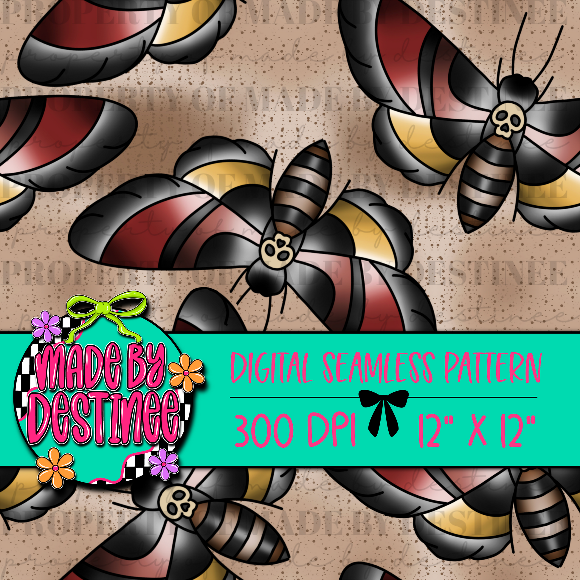 Death’s-Head Moth Seamless Digital Pattern | 12x12" 300 DPI Creepy Insect Gothic Background