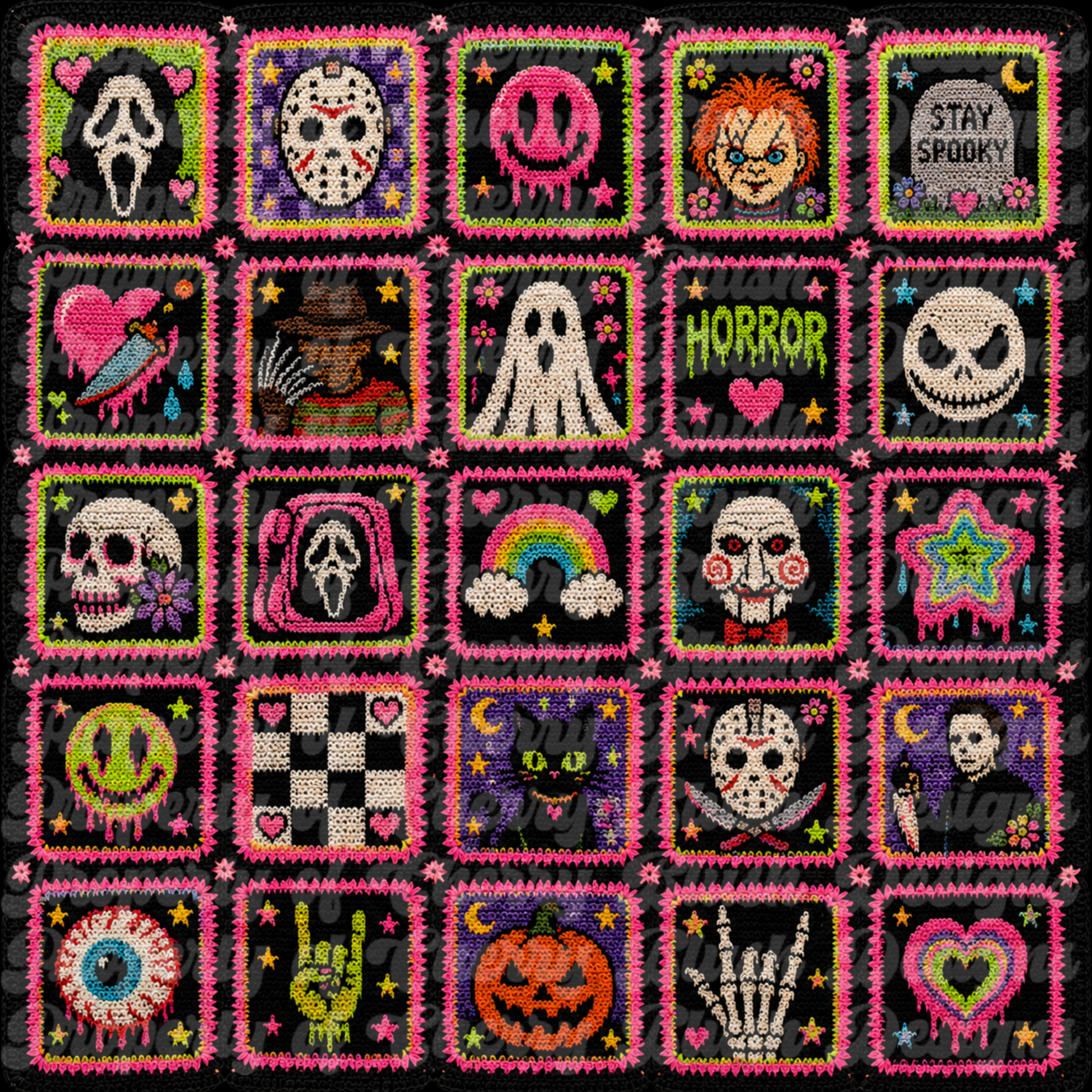 Horror Icons Seamless Background | Spooky Crochet Pattern PNG | Halloween Digital Paper