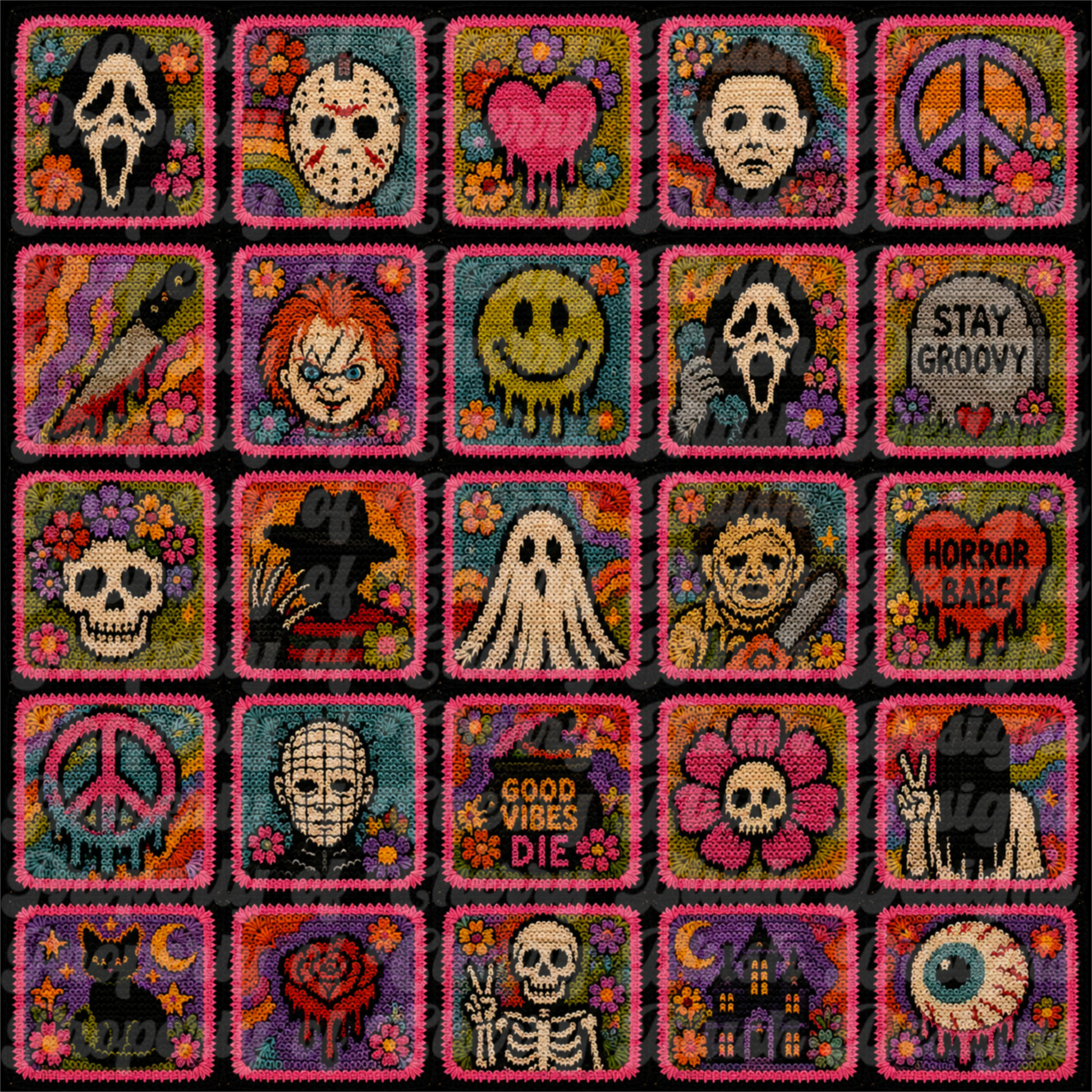 Floral Horror Seamless Background | Spooky Crochet Pattern PNG | Gothic Halloween Digital Paper